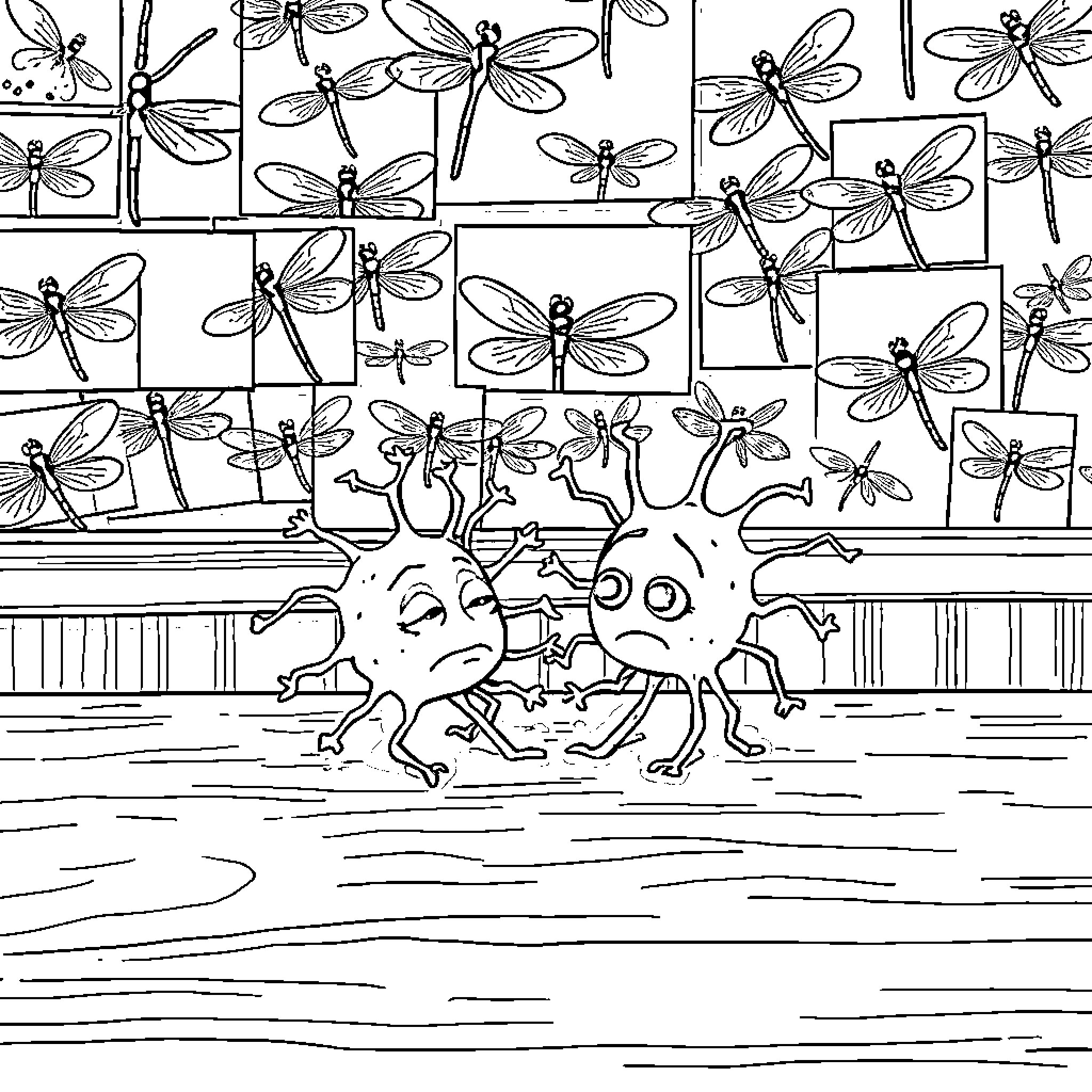 Neuron Dance of Dragonflies and Suns Coloring Page (free black-and-white line drawing printable PDF for all, from beginners to advanced learners, including children, teens, adults, and seniors)