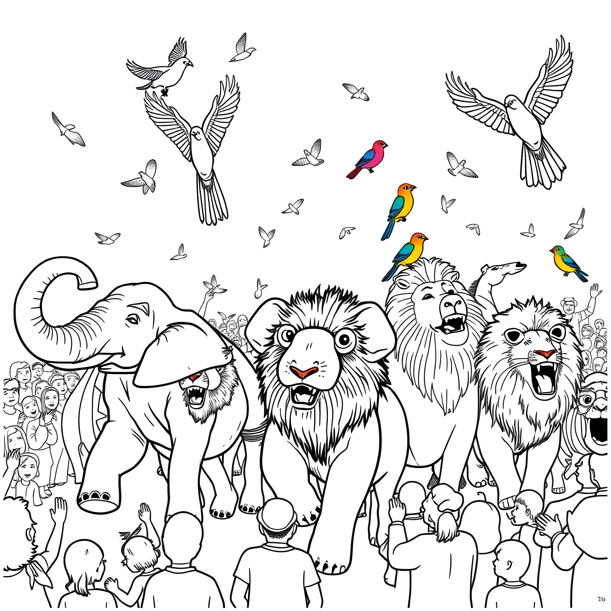 Zoo Animal Exhibit with Varied Creatures and Crowds Coloring Page (free black-and-white line drawing printable PDF for all, from beginners to advanced learners, including children, teens, adults, and seniors)