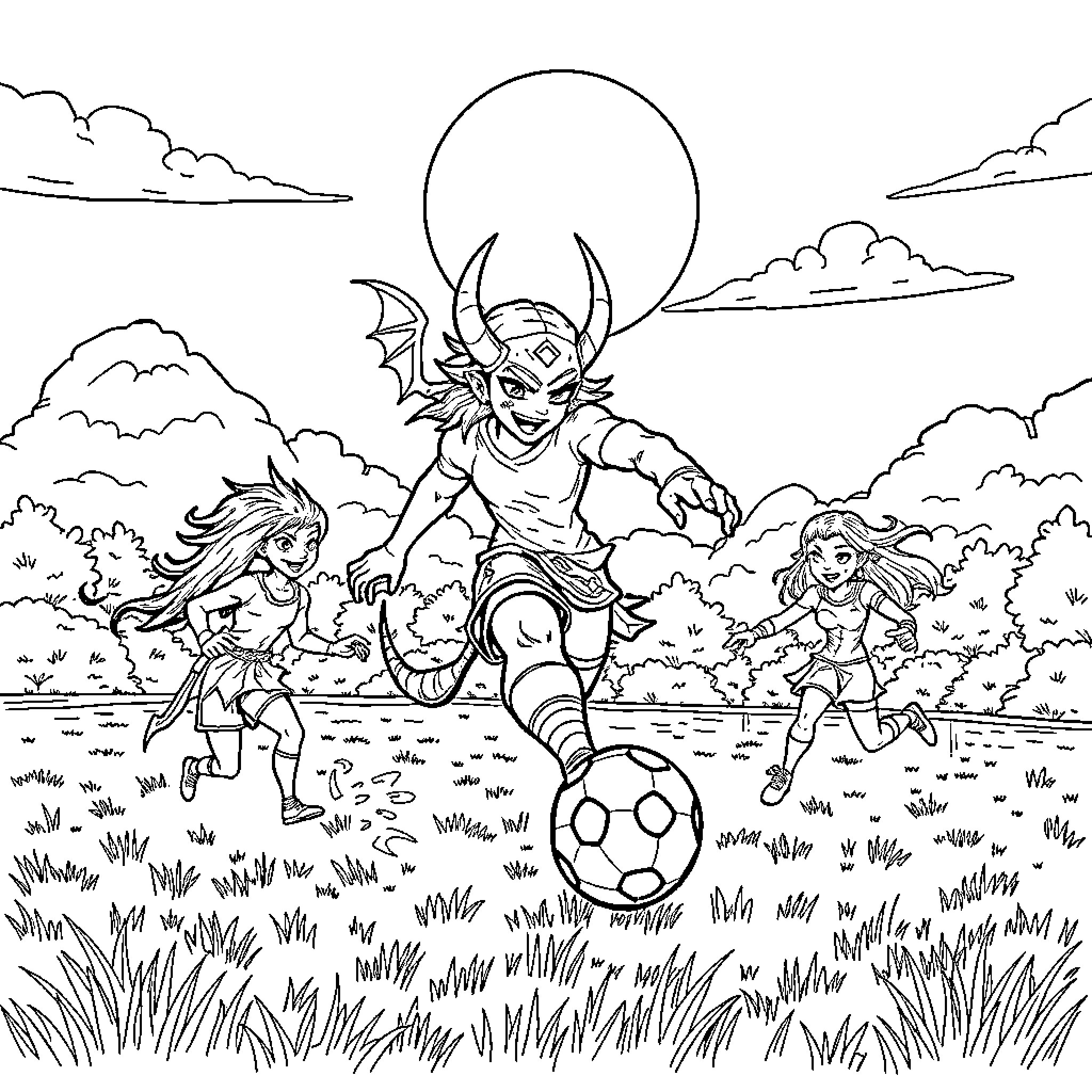 Huntrix: Monstrous Beings Playing Soccer in Mystical Landscape Coloring Page (free black-and-white line drawing printable PDF for all, from beginners to advanced learners, including children, teens, adults, and seniors)