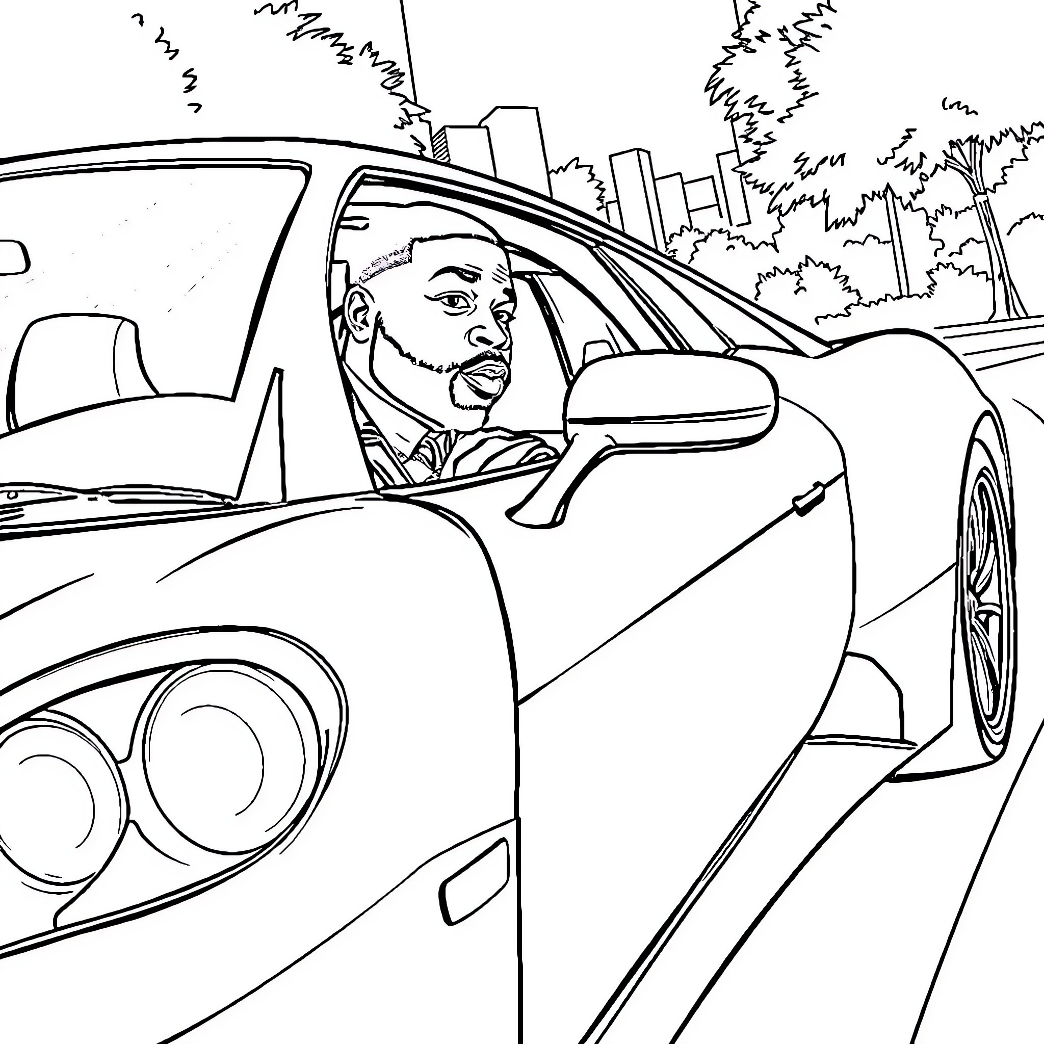 50 Cent driving luxury car in the city Coloring Page (free black-and-white line drawing printable PDF for all, from beginners to advanced learners, including children, teens, adults, and seniors)