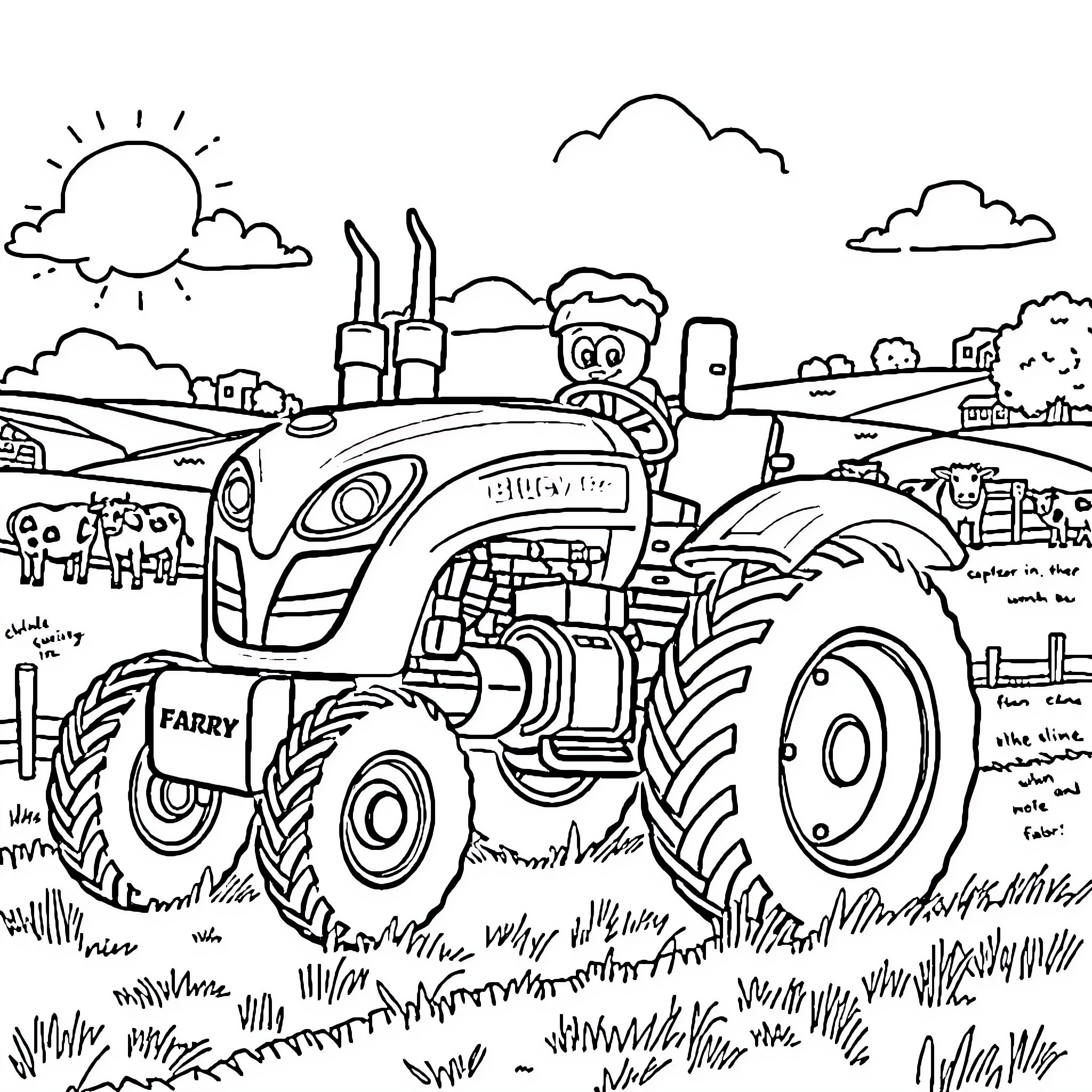 Bluey playing happily on a big tractor in the countryside Coloring Page (free black-and-white line drawing printable PDF for all, from beginners to advanced learners, including children, teens, adults, and seniors)