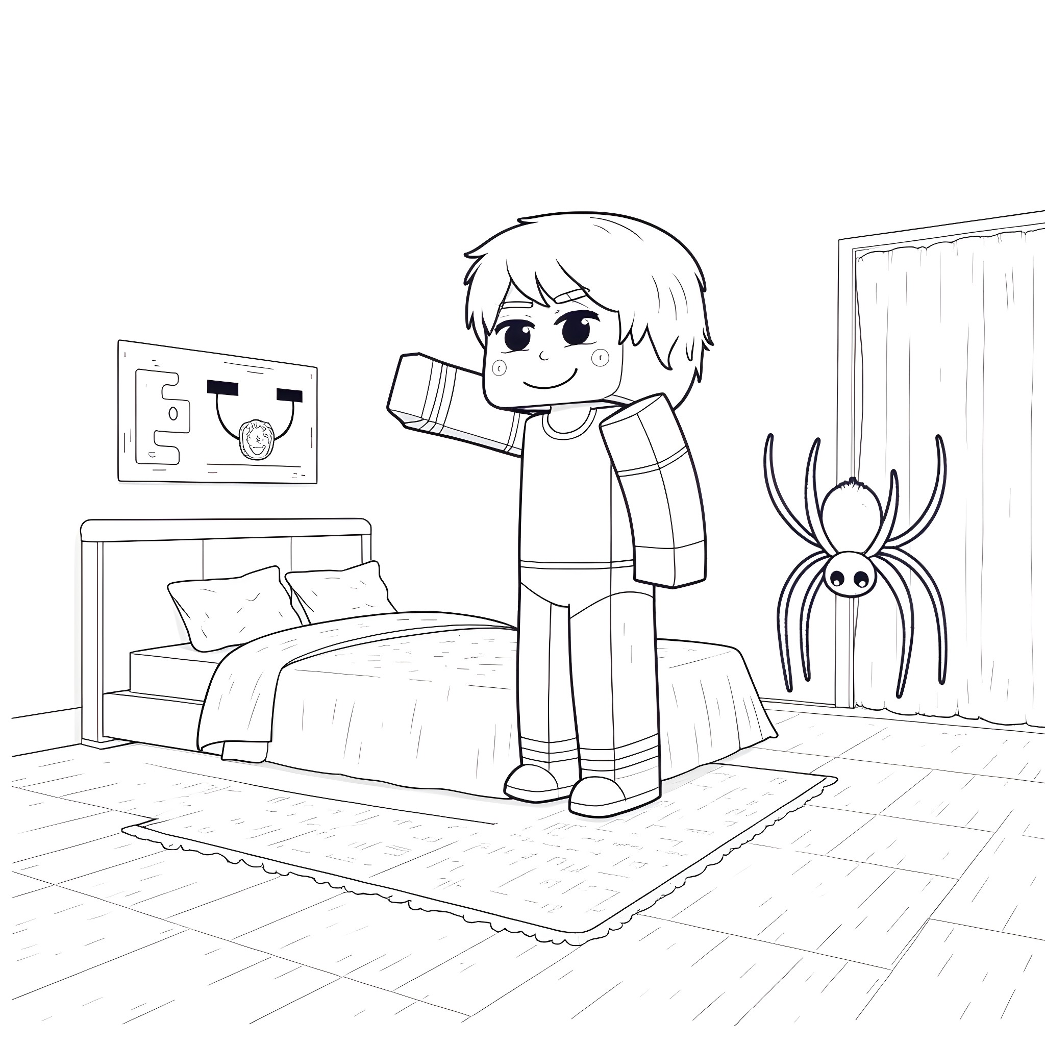 Minecraft character exploring a spooky bedroom Coloring Page (free black-and-white line drawing printable PDF for all, from beginners to advanced learners, including children, teens, adults, and seniors)
