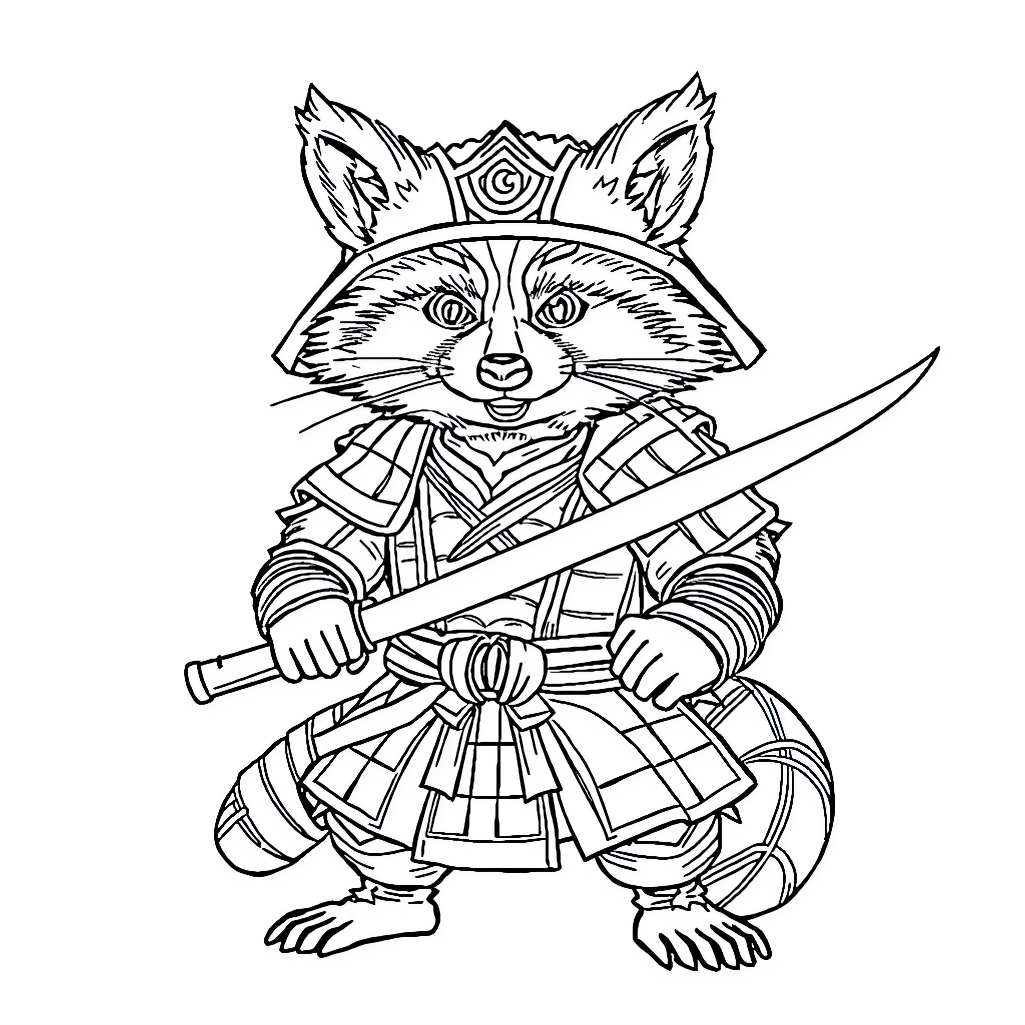 Raccoon warrior wielding a sword in armor Coloring Page (free black-and-white line drawing printable PDF for all, from beginners to advanced learners, including children, teens, adults, and seniors)