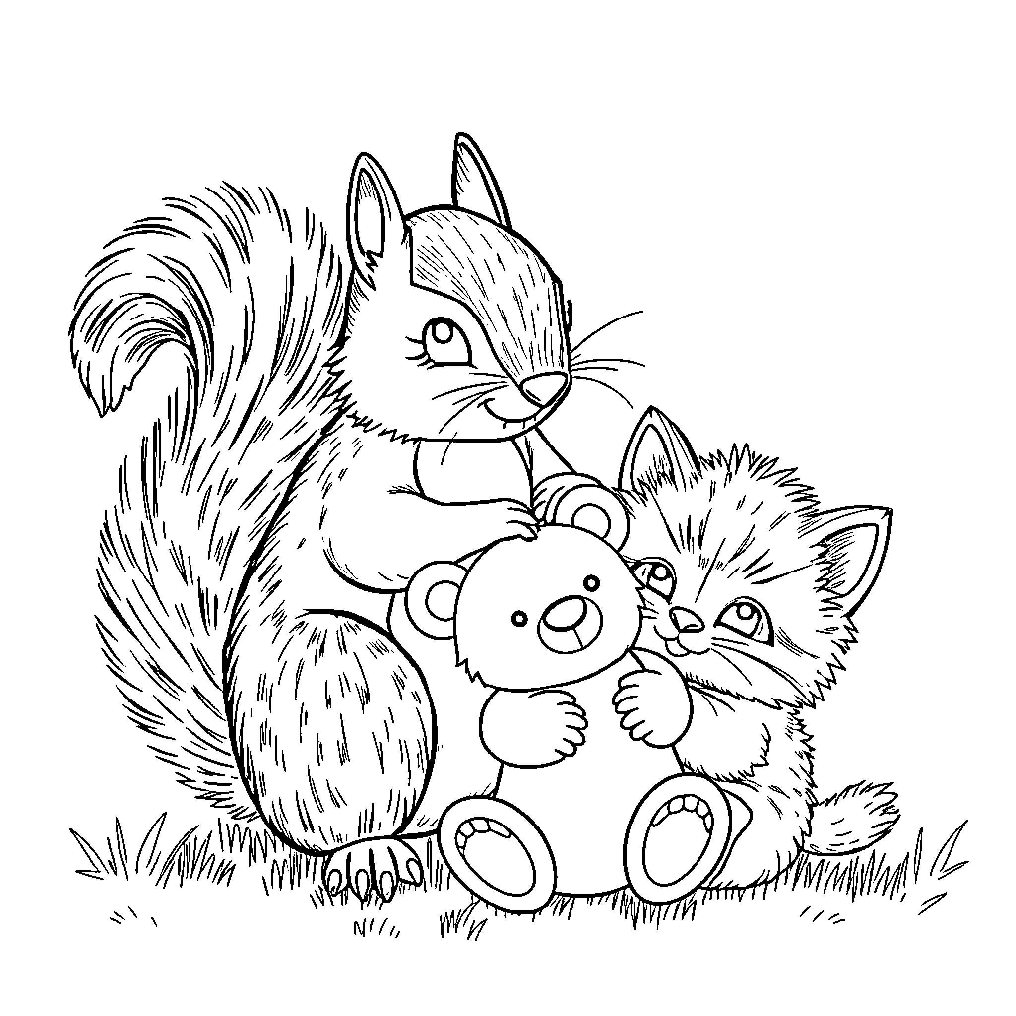 Squirrel caring for its young in the wild Coloring Page (free black-and-white line drawing printable PDF for all, from beginners to advanced learners, including children, teens, adults, and seniors)