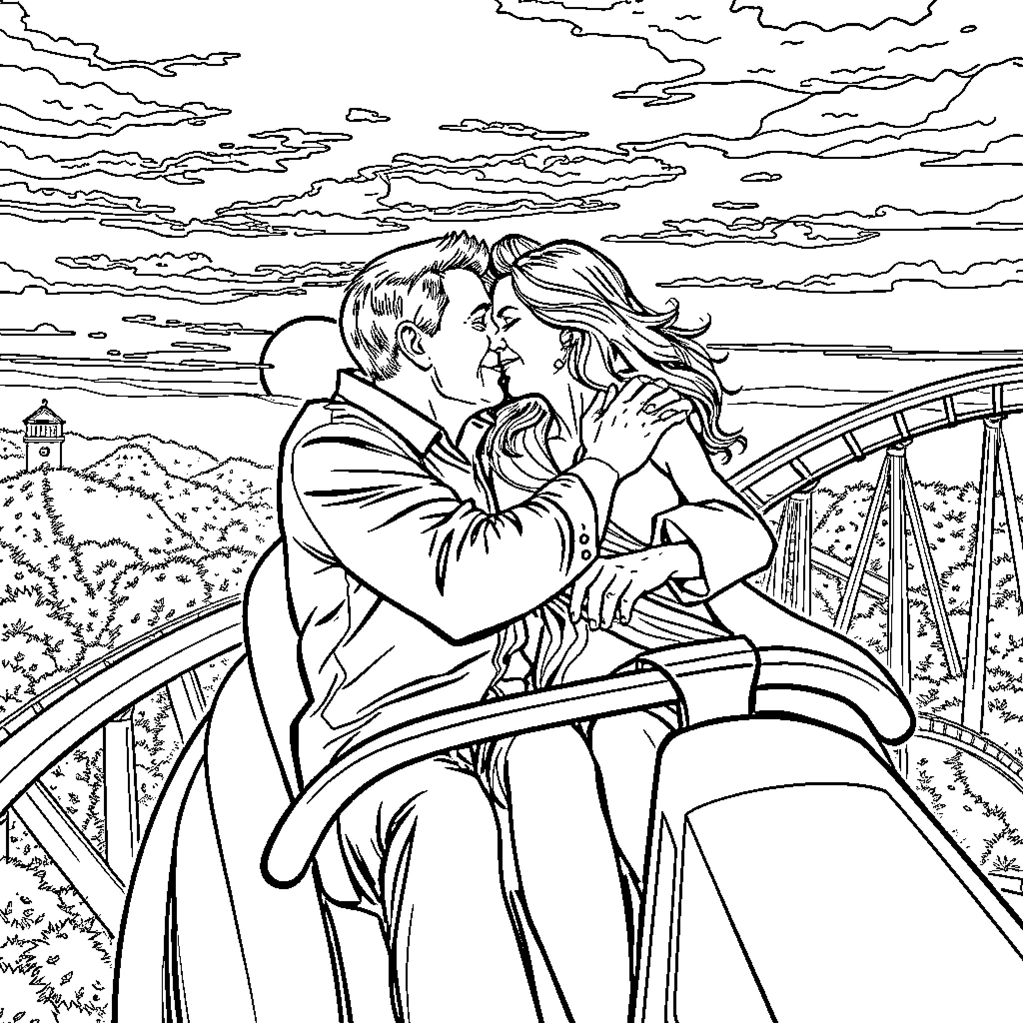 Couple embracing on a scenic overlook Coloring Page (free black-and-white line drawing printable PDF for all, from beginners to advanced learners, including children, teens, adults, and seniors)