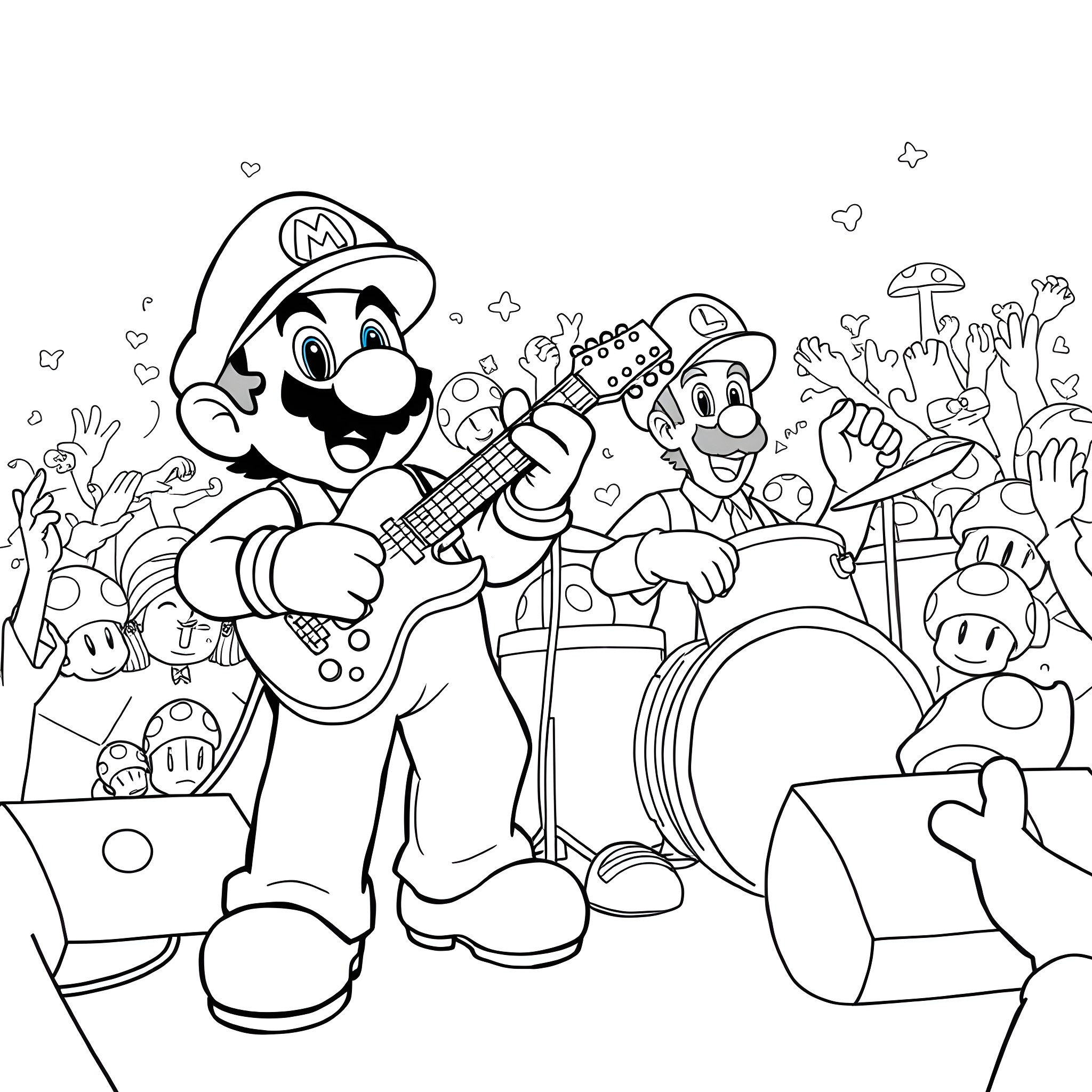 Super Mario and Friends Rock Out on Stage Coloring Page (free black-and-white line drawing printable PDF for all, from beginners to advanced learners, including children, teens, adults, and seniors)