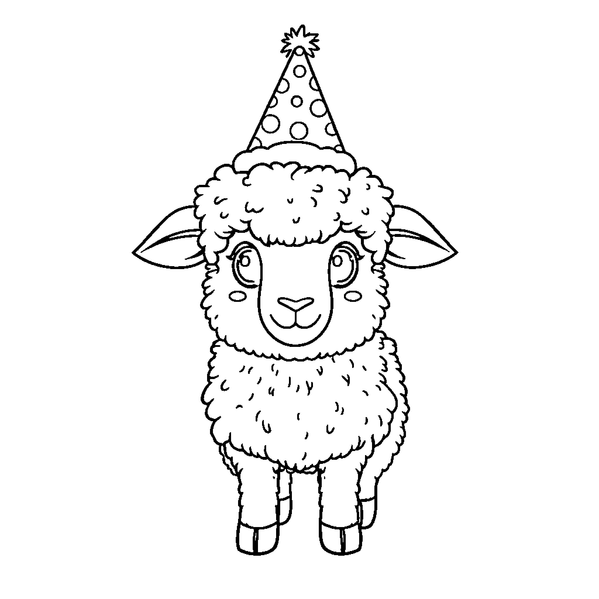 Sheep wearing a party hat Coloring Page (free black-and-white line drawing printable PDF for all, from beginners to advanced learners, including children, teens, adults, and seniors)