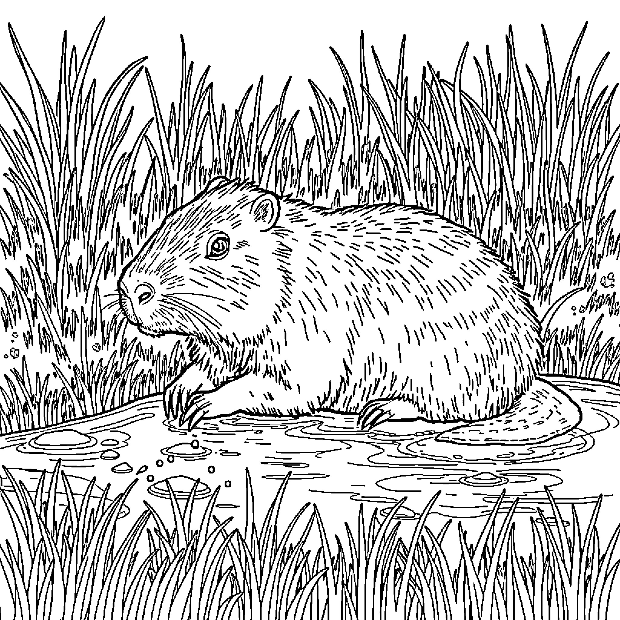 Capybara wading in the muddy waters Coloring Page (free black-and-white line drawing printable PDF for all, from beginners to advanced learners, including children, teens, adults, and seniors)