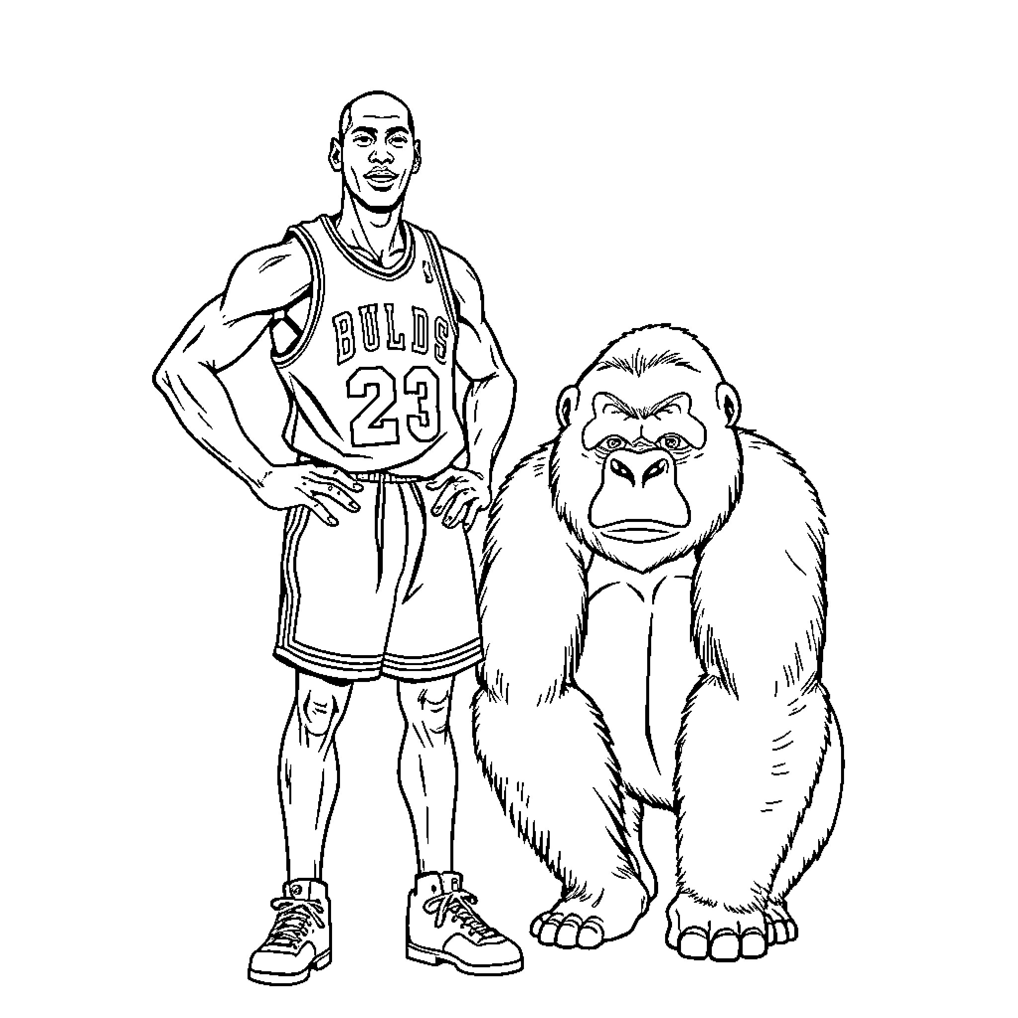 Michael Jordan standing with a gorilla in basketball attire Coloring Page (free black-and-white line drawing printable PDF for all, from beginners to advanced learners, including children, teens, adults, and seniors)