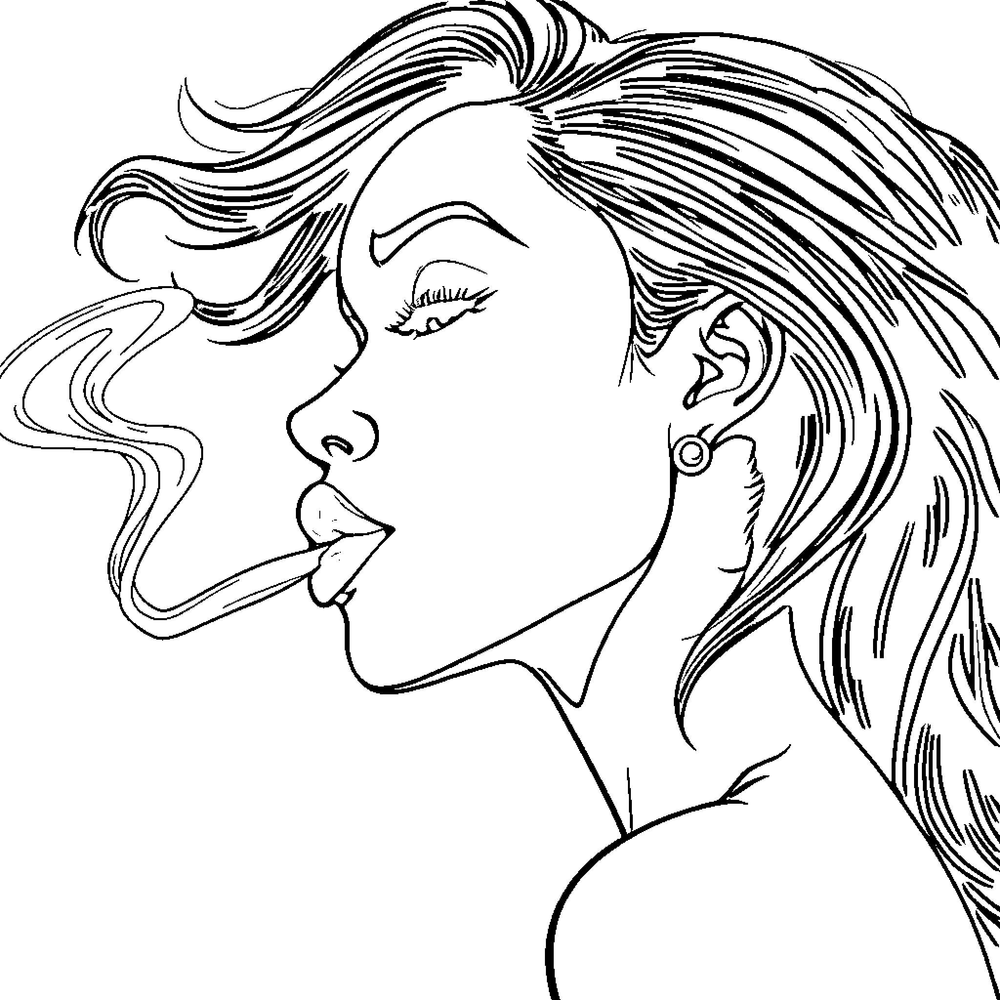Woman with flowing hair and expressive profile Coloring Page (free black-and-white line drawing printable PDF for all, from beginners to advanced learners, including children, teens, adults, and seniors)