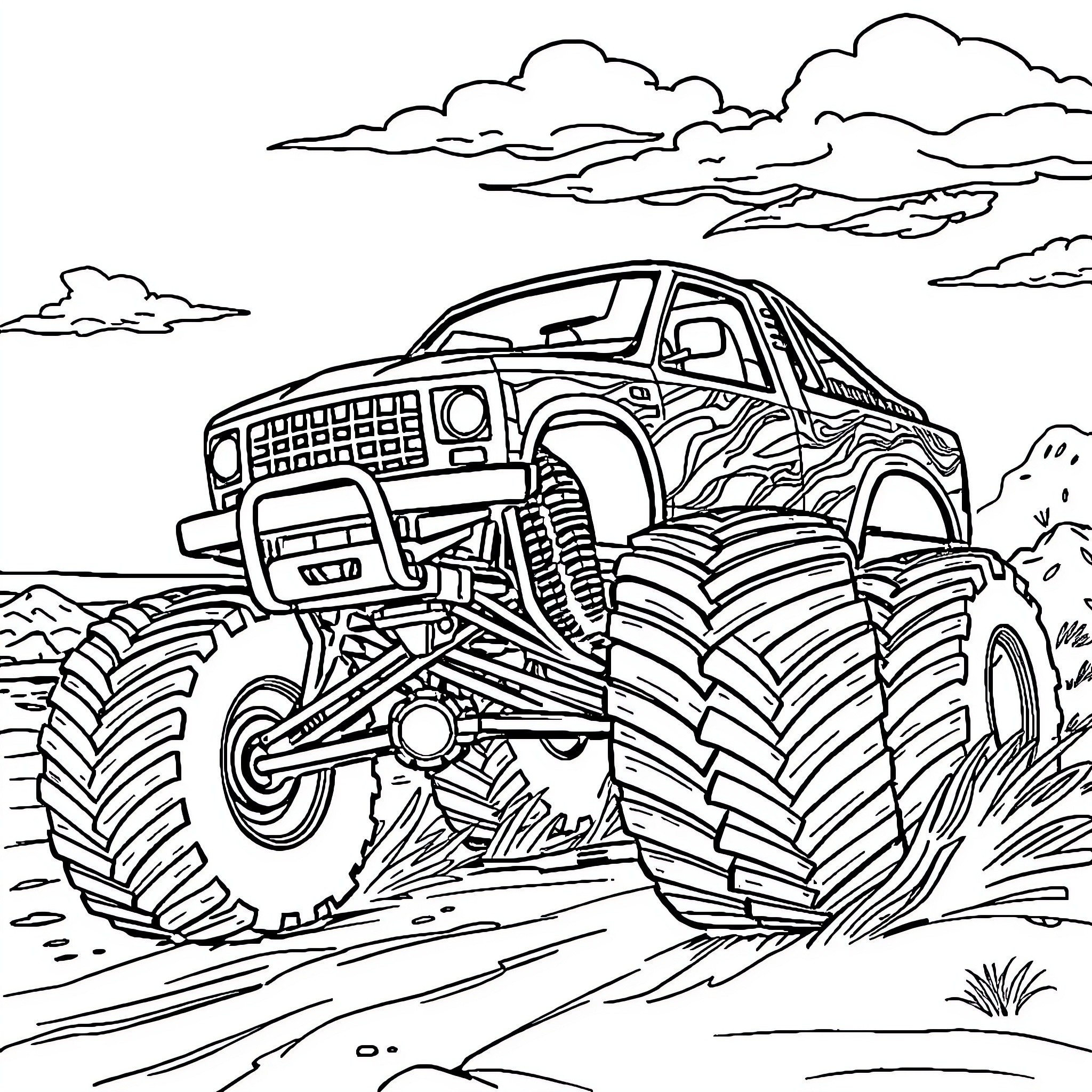 Monster Truck Crushing Through Rugged Terrain Coloring Page (free black-and-white line drawing printable PDF for all, from beginners to advanced learners, including children, teens, adults, and seniors)