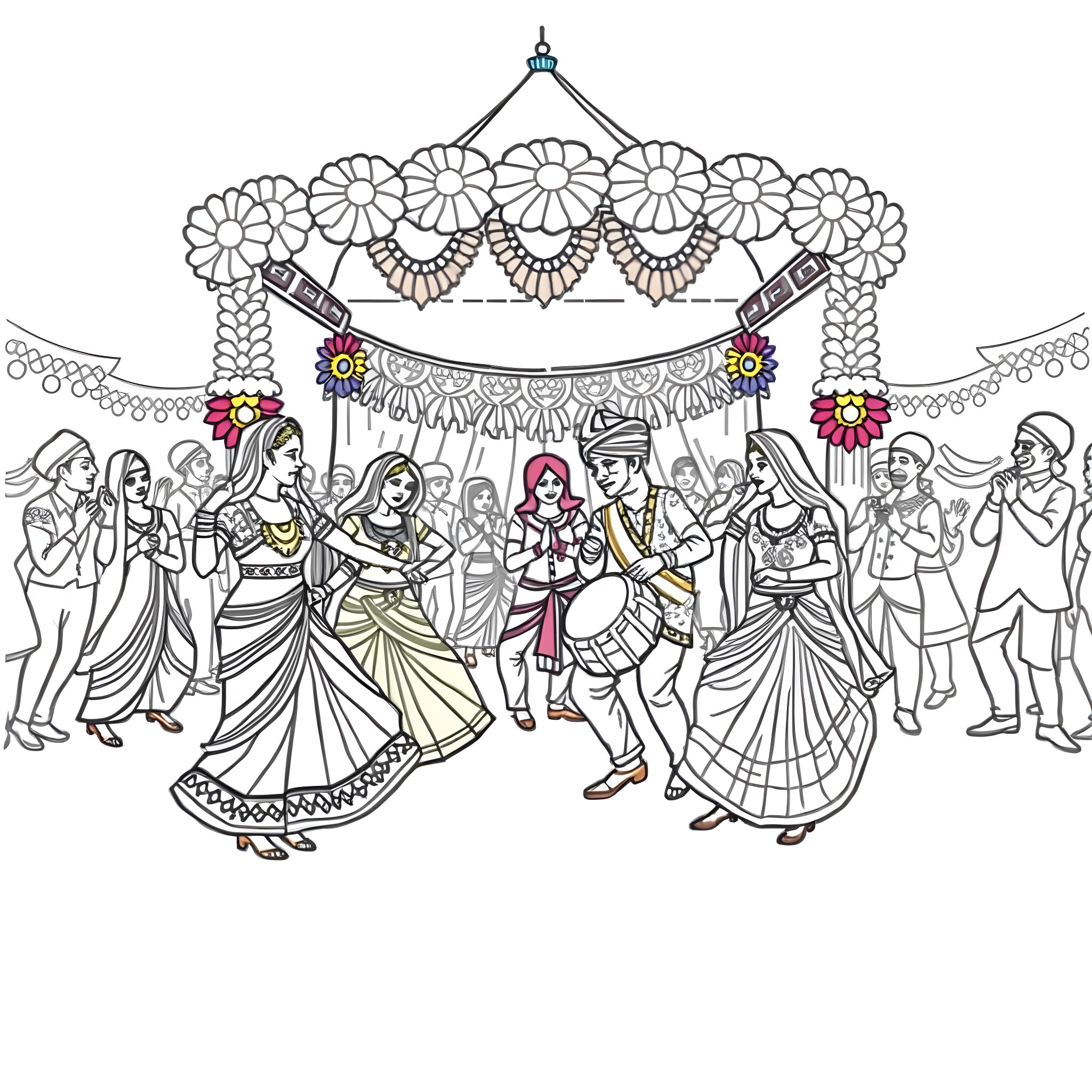 Punjabi cultural celebration with vibrant traditional attire Coloring Page (free black-and-white line drawing printable PDF for all, from beginners to advanced learners, including children, teens, adults, and seniors)