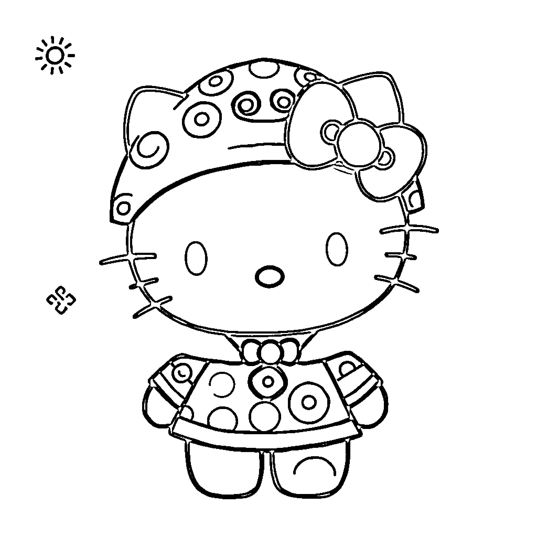 Hello Kitty in a Patterned Outfit Coloring Page (free black-and-white line drawing printable PDF for all, from beginners to advanced learners, including children, teens, adults, and seniors)