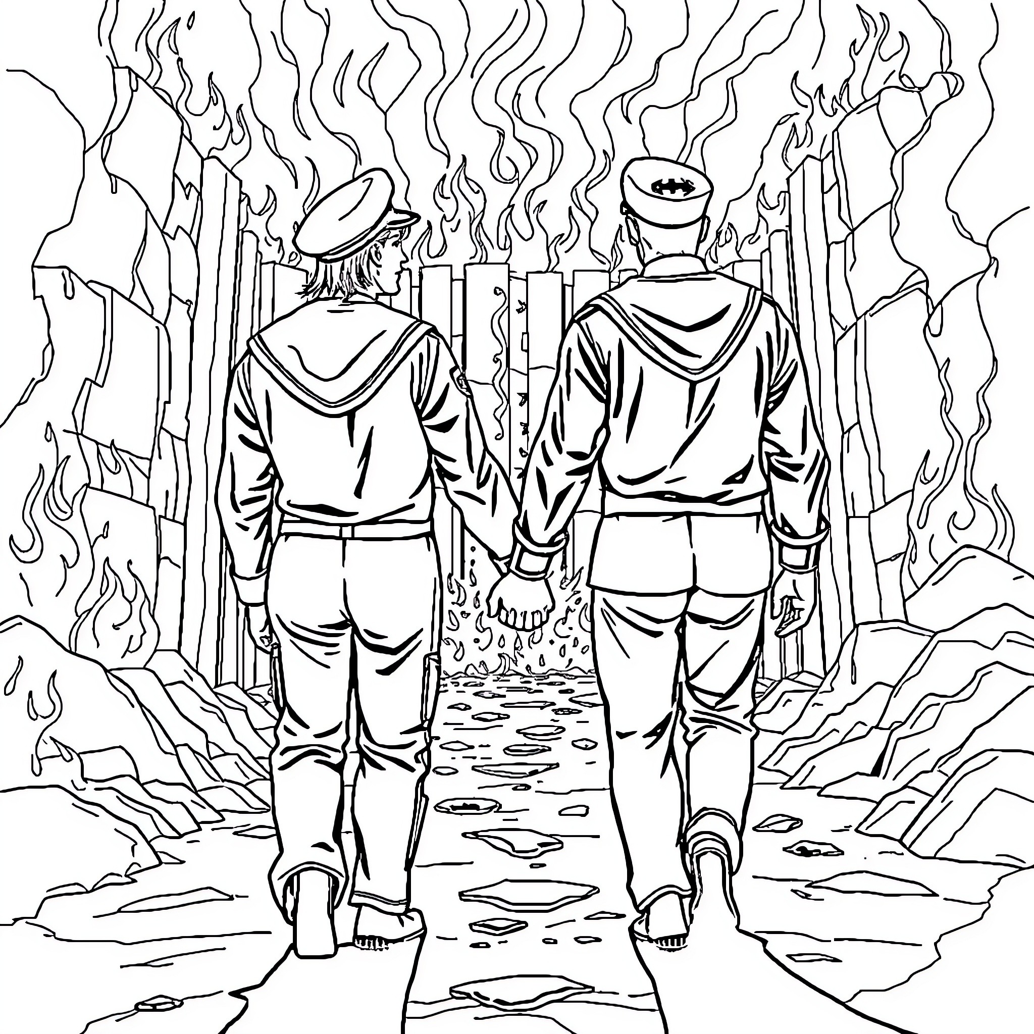 Navy SEAL operatives navigating through a perilous environment Coloring Page (free black-and-white line drawing printable PDF for all, from beginners to advanced learners, including children, teens, adults, and seniors)