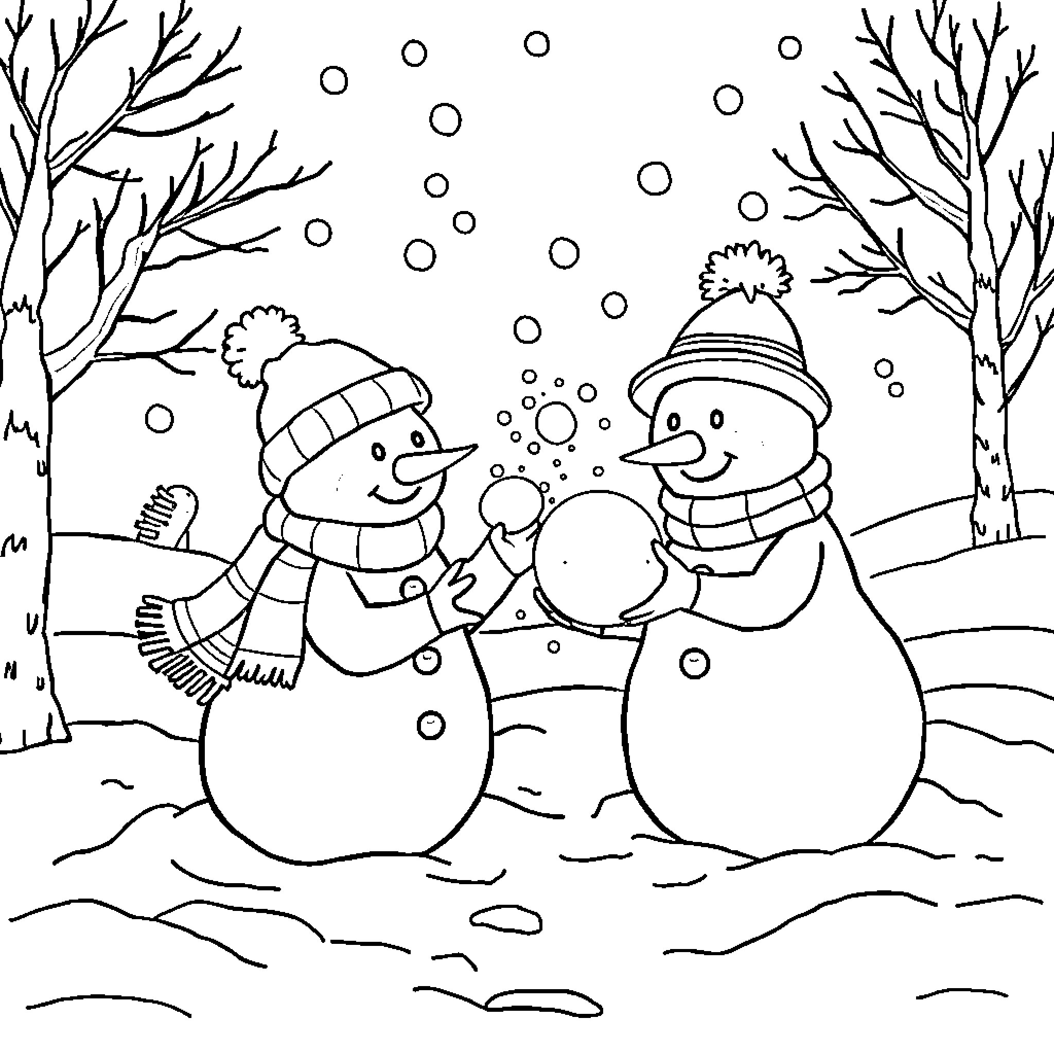 Snowman making a new friend in the winter wonderland Coloring Page (free black-and-white line drawing printable PDF for all, from beginners to advanced learners, including children, teens, adults, and seniors)