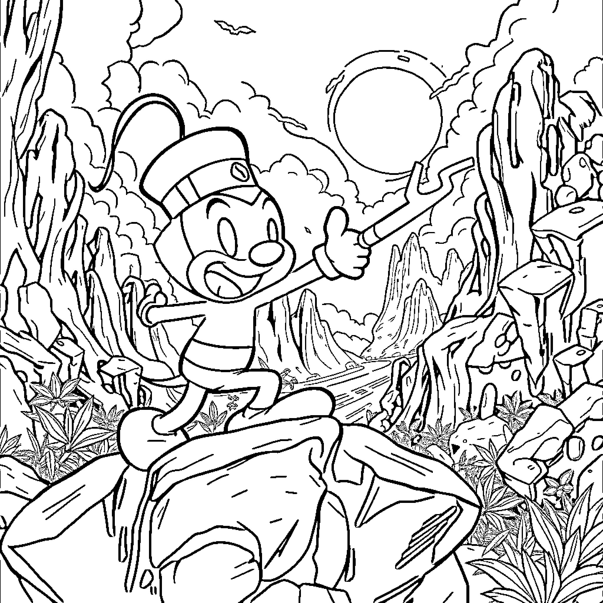 Cuphead adventuring through a fantastical landscape Coloring Page (free black-and-white line drawing printable PDF for all, from beginners to advanced learners, including children, teens, adults, and seniors)