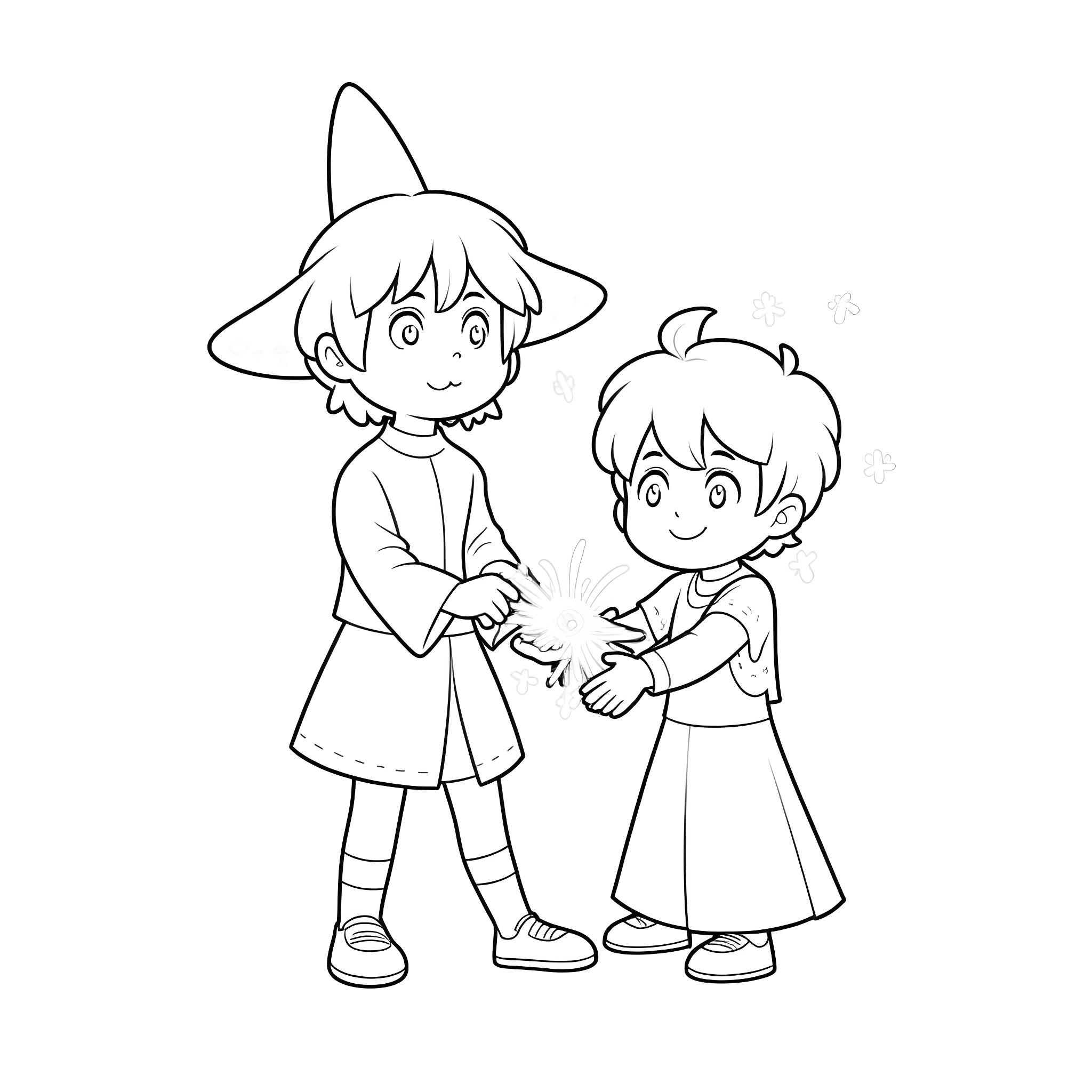 Kiyo and Zatch playing together Coloring Page (free black-and-white line drawing printable PDF for all, from beginners to advanced learners, including children, teens, adults, and seniors)