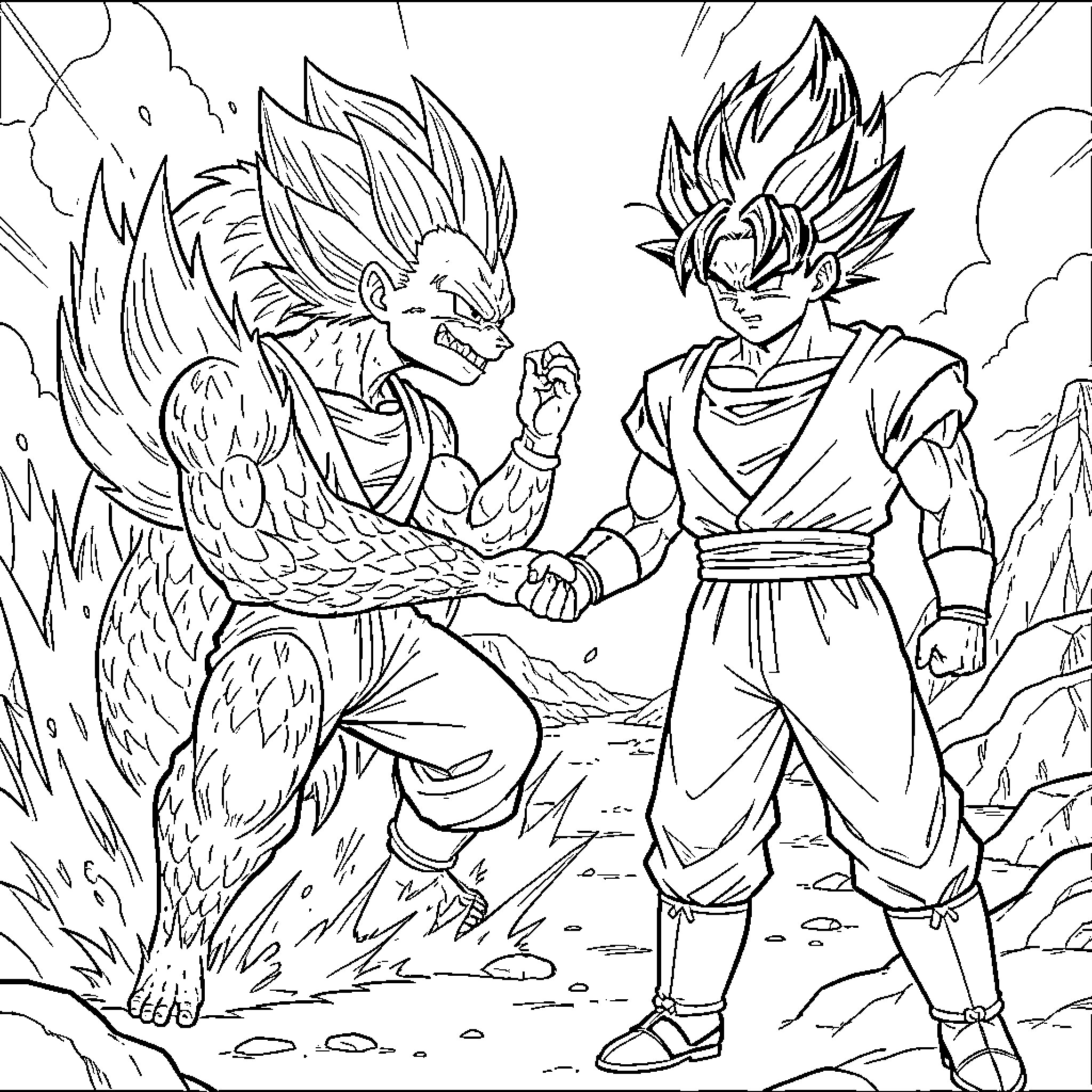 Fusion of two powerful warriors facing each other Coloring Page (free black-and-white line drawing printable PDF for all, from beginners to advanced learners, including children, teens, adults, and seniors)
