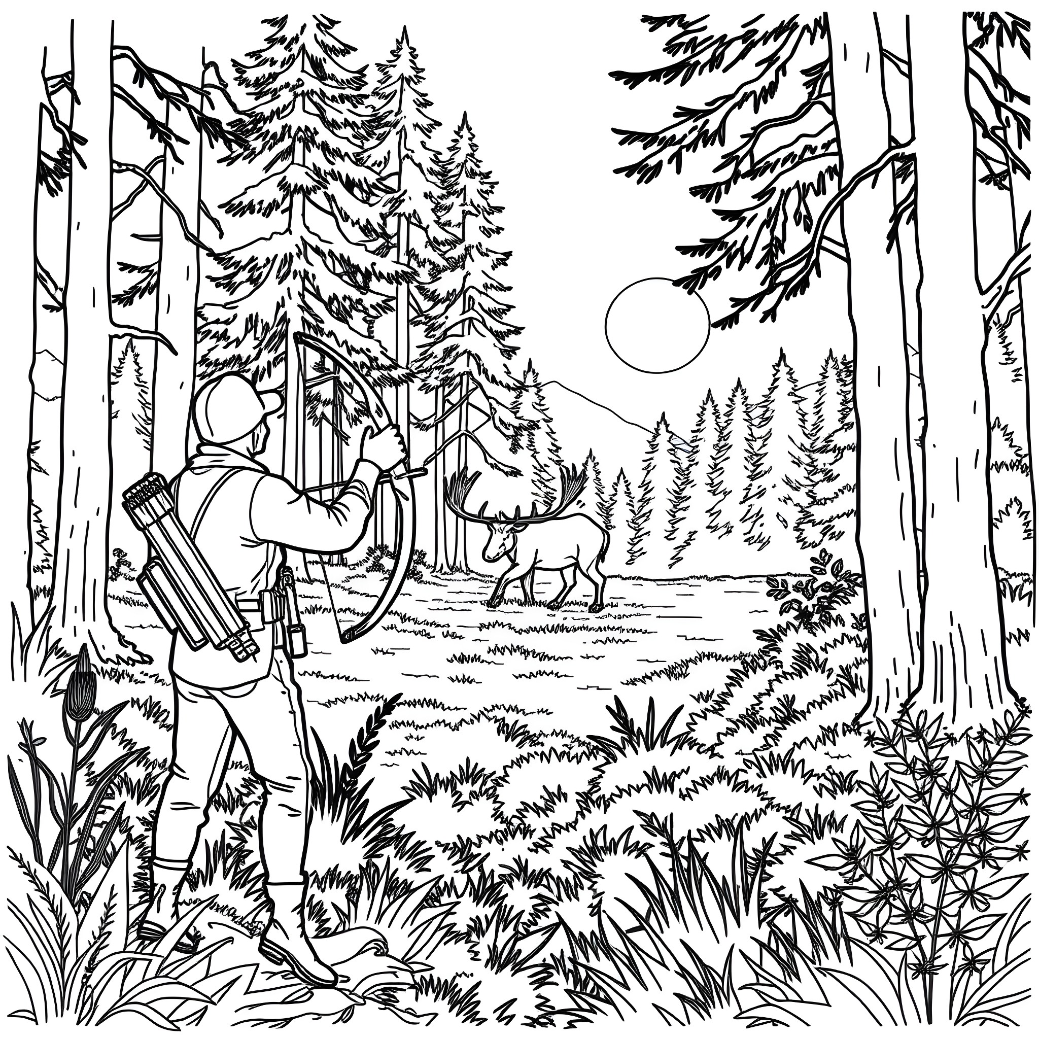 Hunter exploring the serene forest landscape Coloring Page (free black-and-white line drawing printable PDF for all, from beginners to advanced learners, including children, teens, adults, and seniors)
