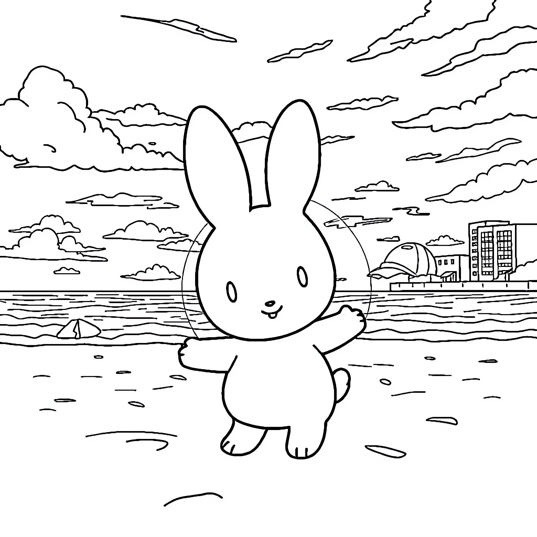 Miffy enjoying a day at the beach Coloring Page (free black-and-white line drawing printable PDF for all, from beginners to advanced learners, including children, teens, adults, and seniors)