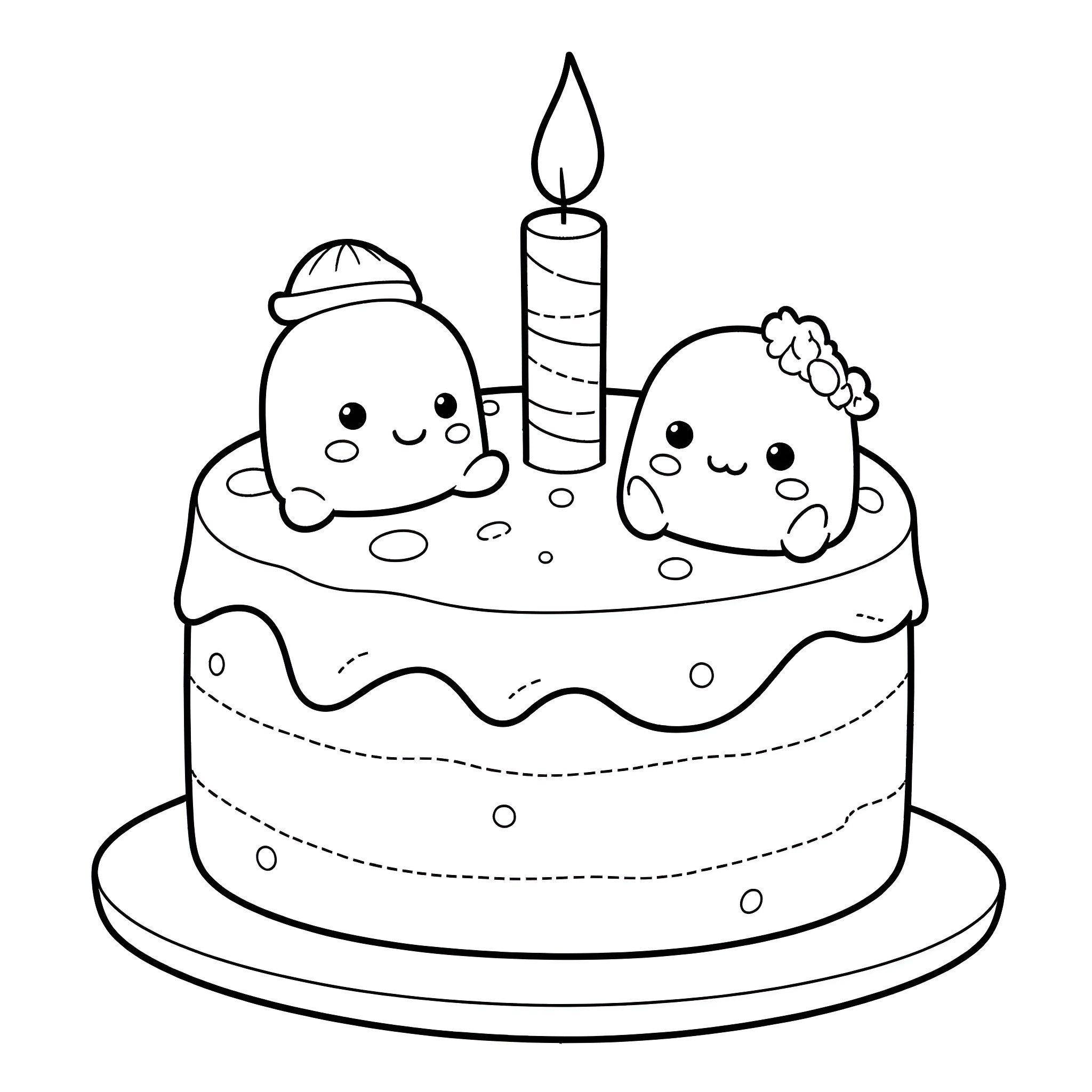 Cake with Cute Characters and Candle Coloring Page (free black-and-white line drawing printable PDF for all, from beginners to advanced learners, including children, teens, adults, and seniors)