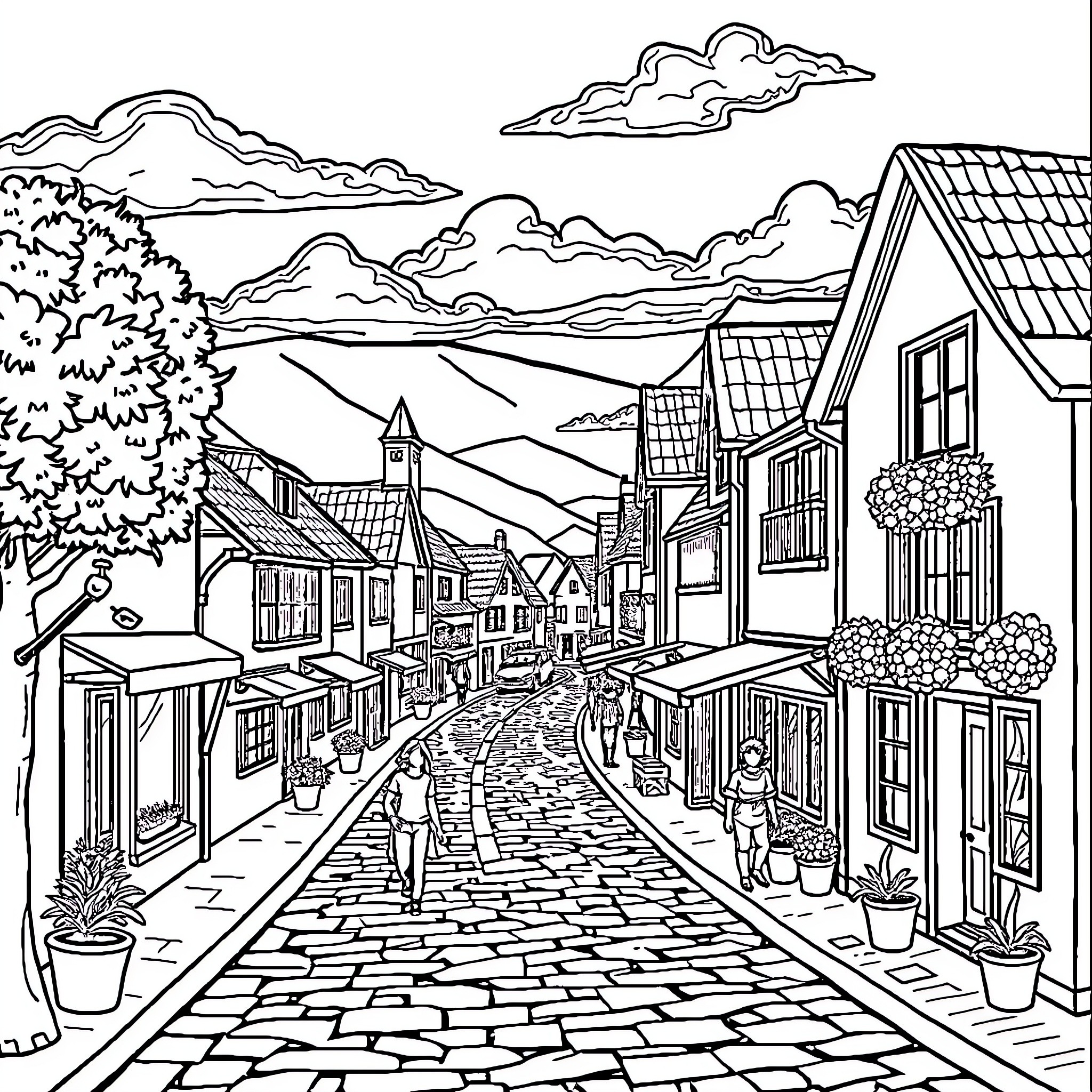Mouse exploring a quaint village scene Coloring Page (free black-and-white line drawing printable PDF for all, from beginners to advanced learners, including children, teens, adults, and seniors)