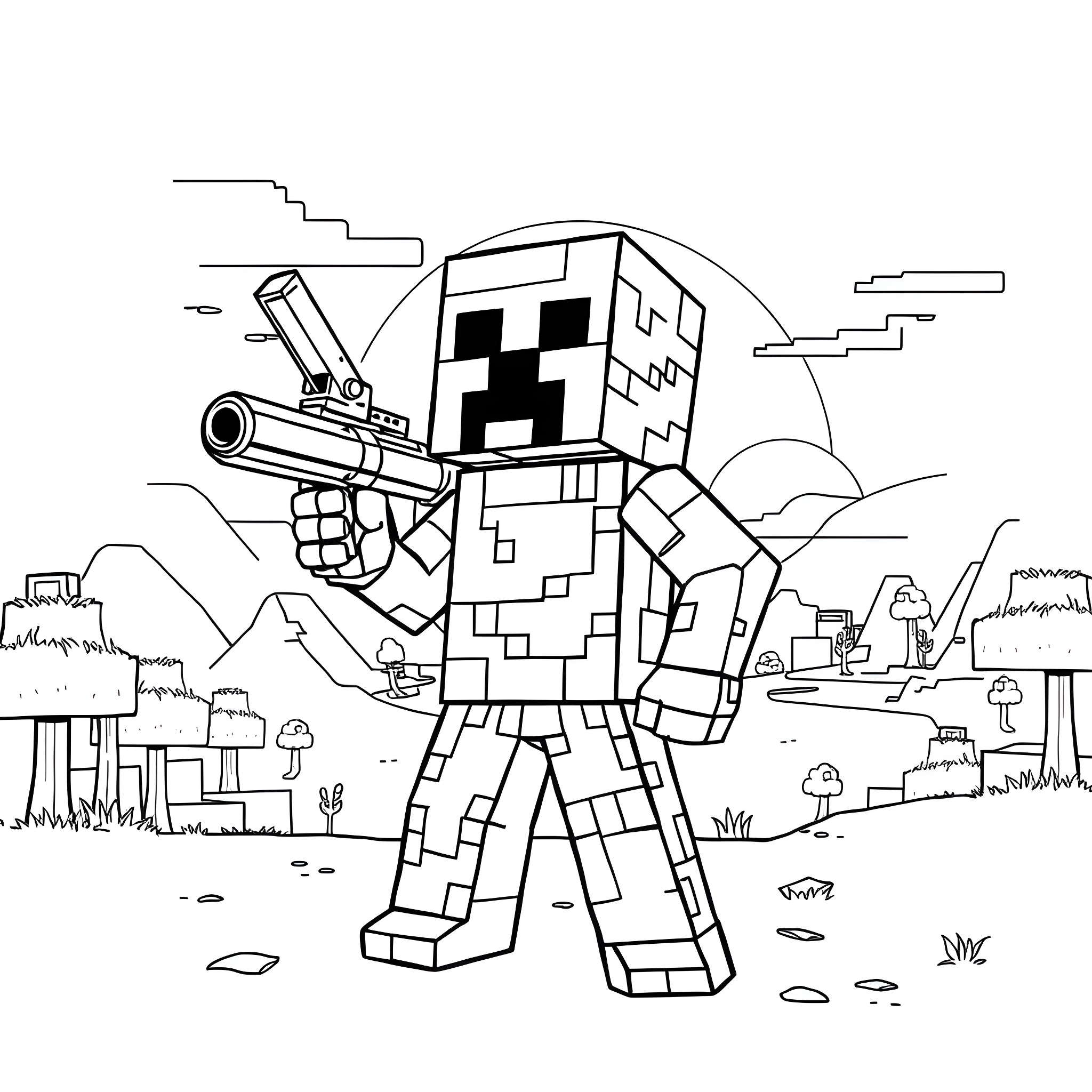 Creeper character with firearm in fantasy landscape Coloring Page (free black-and-white line drawing printable PDF for all, from beginners to advanced learners, including children, teens, adults, and seniors)
