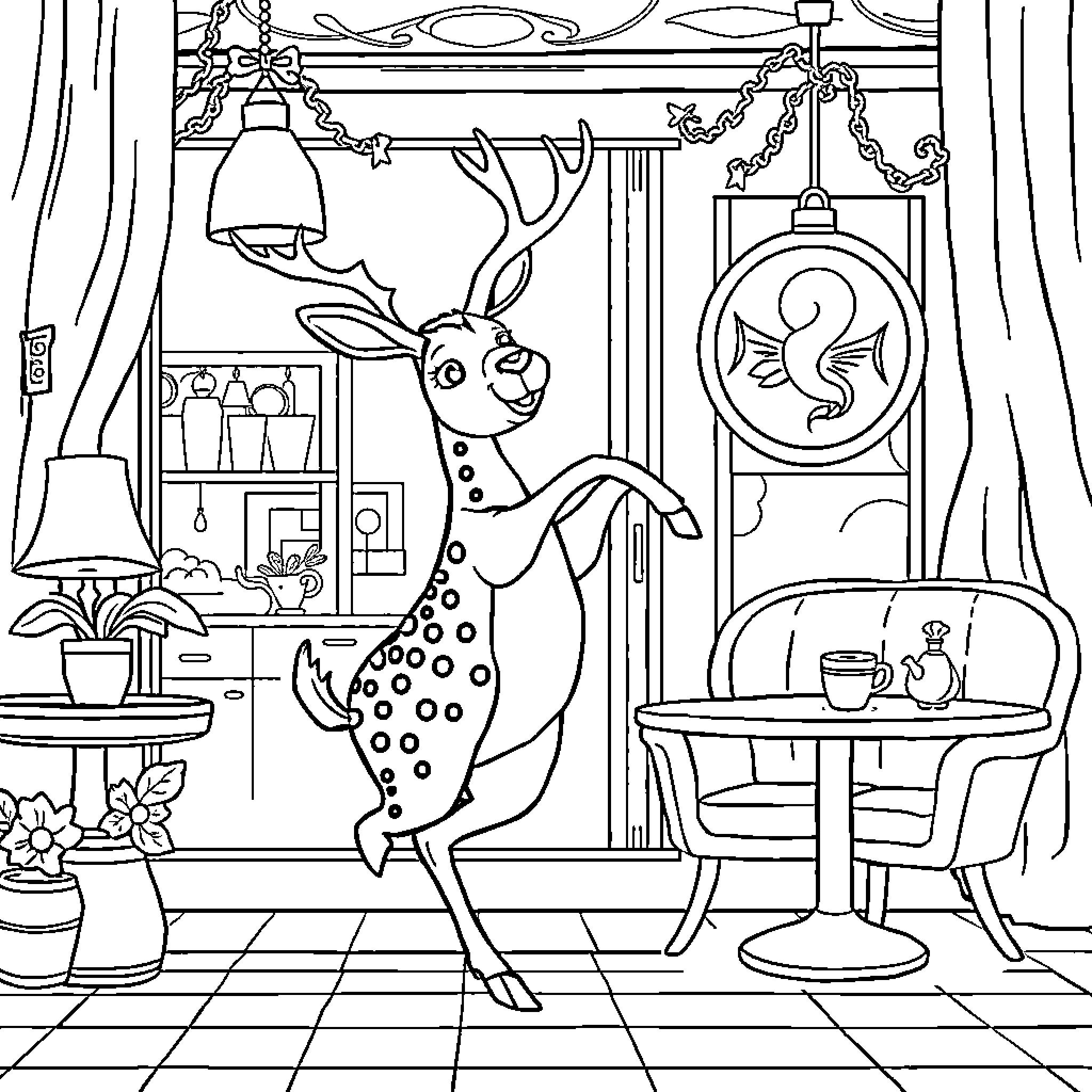 Baboon exploring a cozy and whimsical interior Coloring Page (free black-and-white line drawing printable PDF for all, from beginners to advanced learners, including children, teens, adults, and seniors)