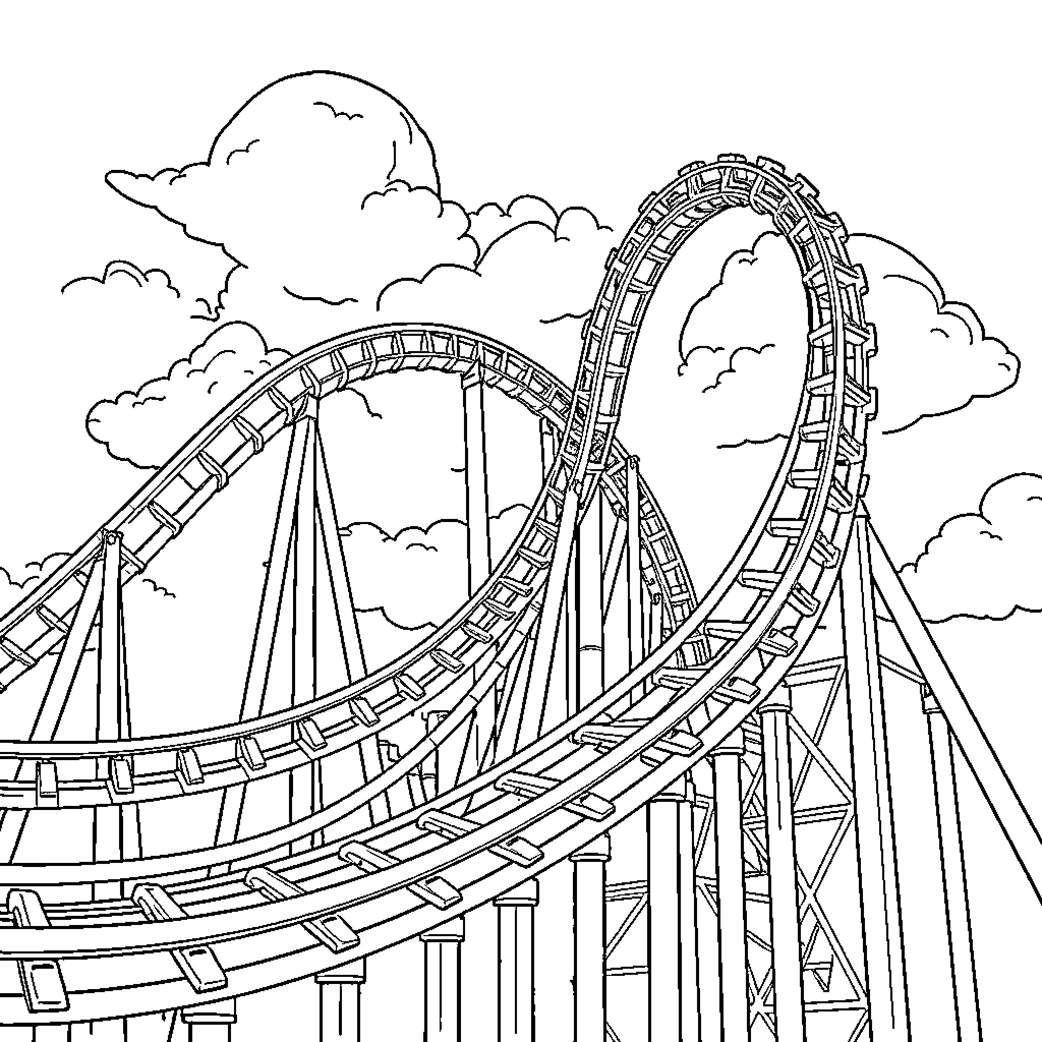 Rollercoaster with thrilling twists and turns Coloring Page (free black-and-white line drawing printable PDF for all, from beginners to advanced learners, including children, teens, adults, and seniors)