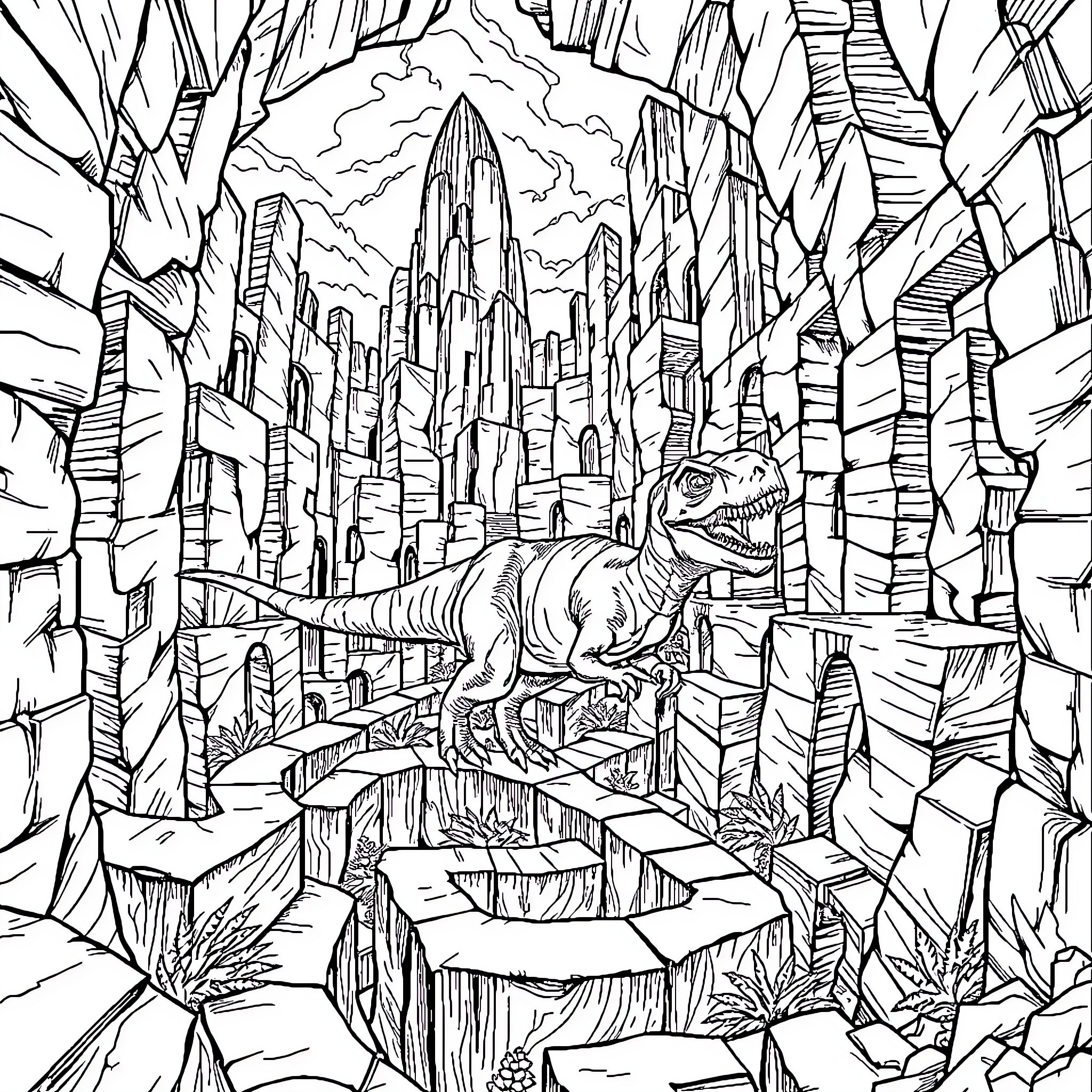 Dinosaur exploring the ruins of an ancient city Coloring Page (free black-and-white line drawing printable PDF for all, from beginners to advanced learners, including children, teens, adults, and seniors)