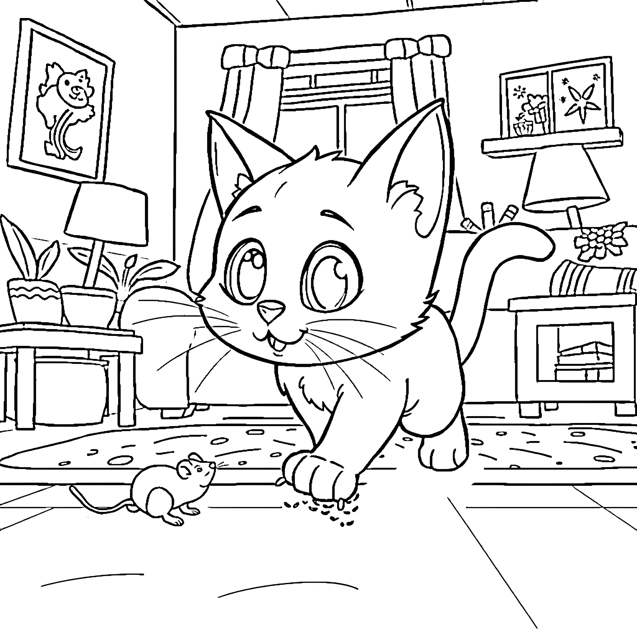 Cat Exploring a Cozy Home Interior Coloring Page (free black-and-white line drawing printable PDF for all, from beginners to advanced learners, including children, teens, adults, and seniors)