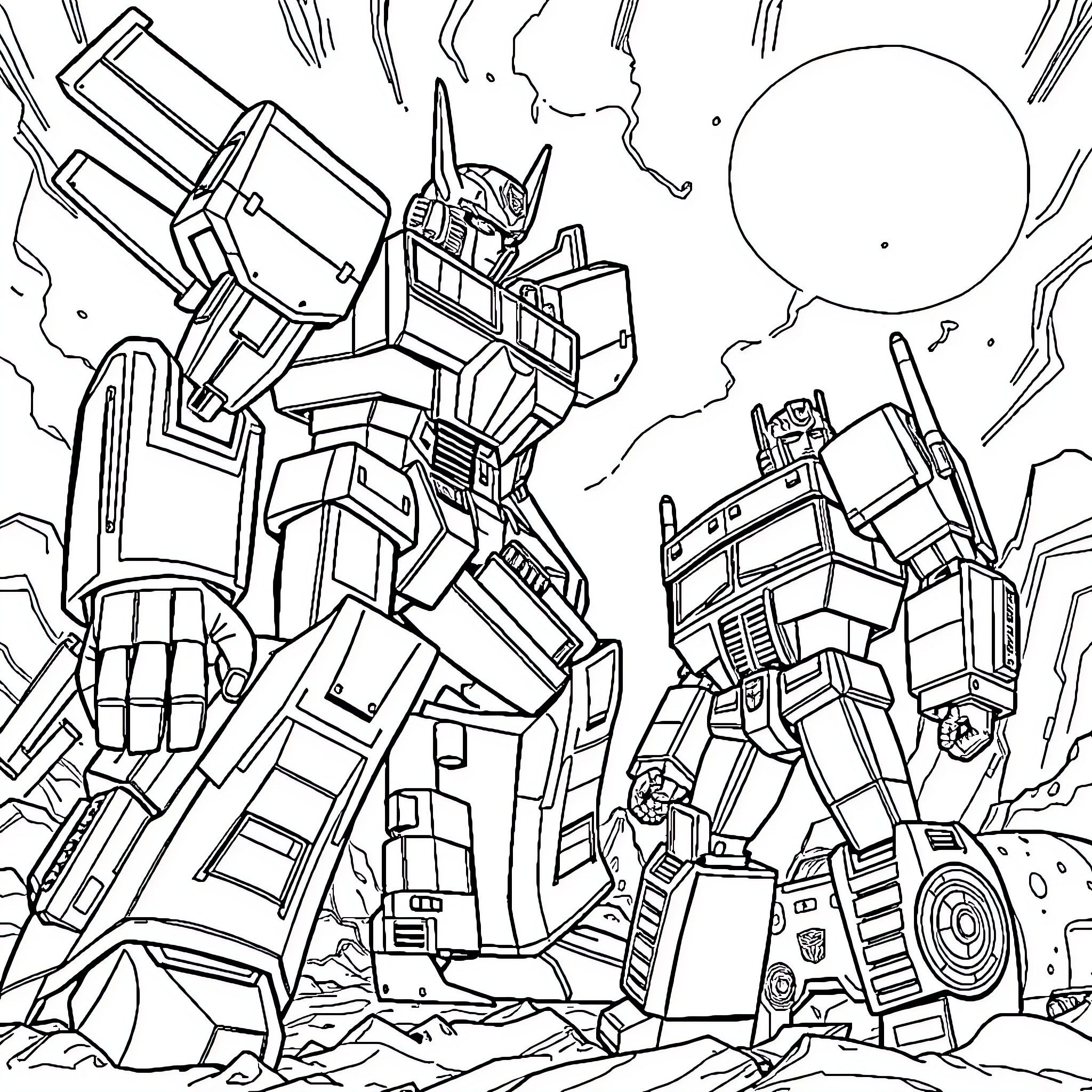 Voltron: Powerful Mecha Robots in Battle Stance Coloring Page (free black-and-white line drawing printable PDF for all, from beginners to advanced learners, including children, teens, adults, and seniors)