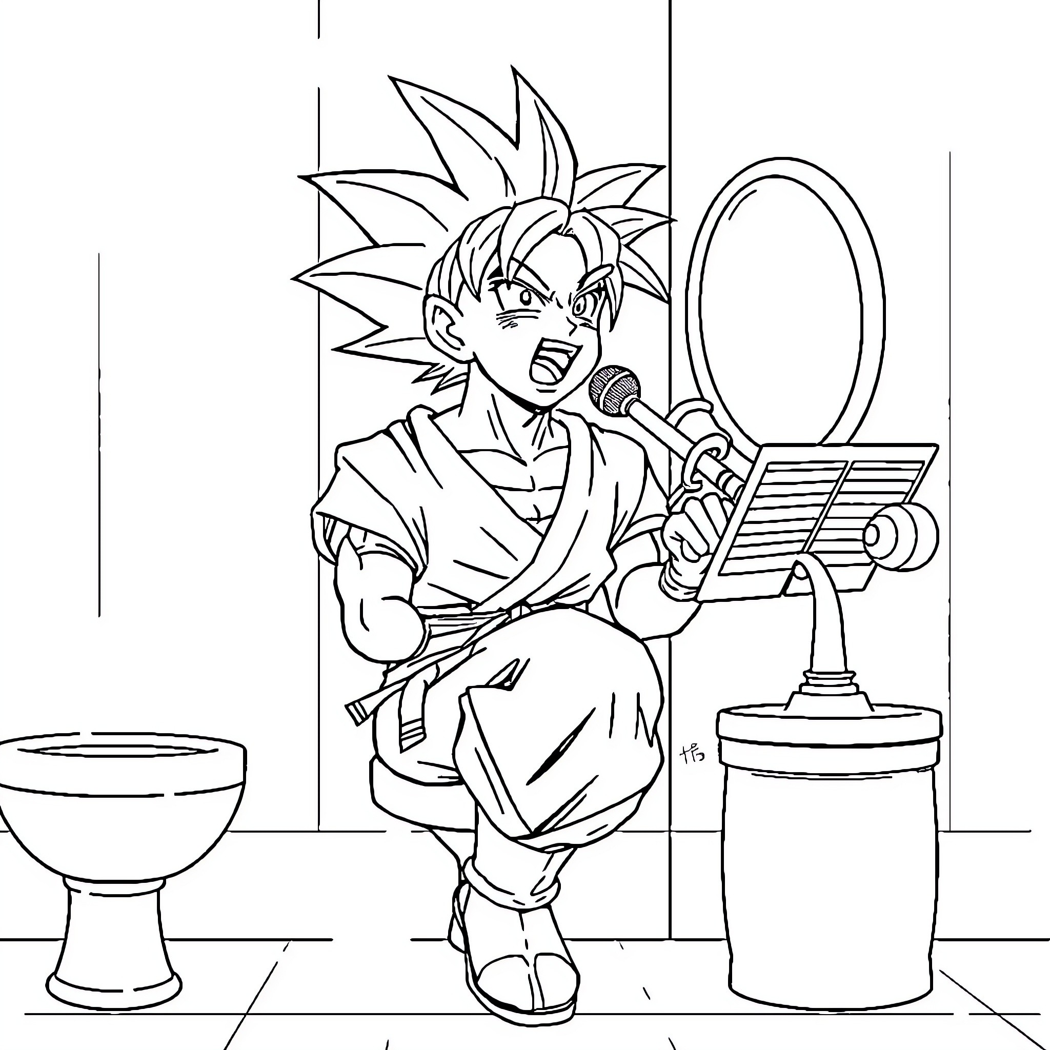 Son Goku singing into a microphone Coloring Page (free black-and-white line drawing printable PDF for all, from beginners to advanced learners, including children, teens, adults, and seniors)