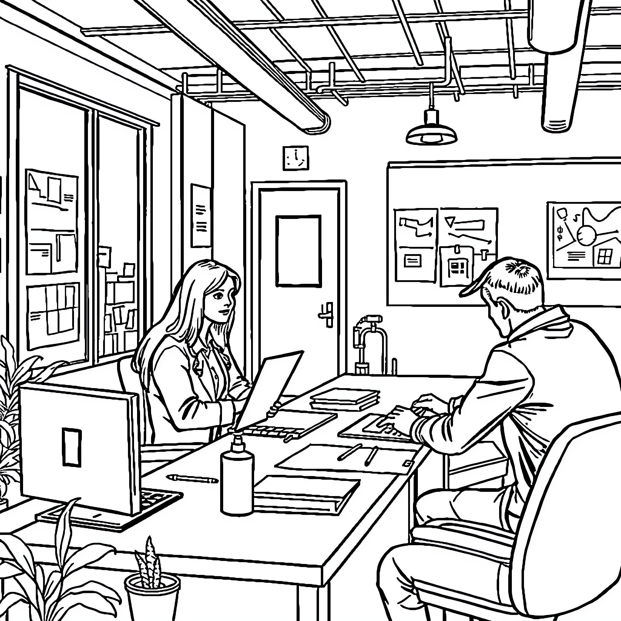 Wpd People Working in Modern Office Coloring Page (free black-and-white line drawing printable PDF for all, from beginners to advanced learners, including children, teens, adults, and seniors)