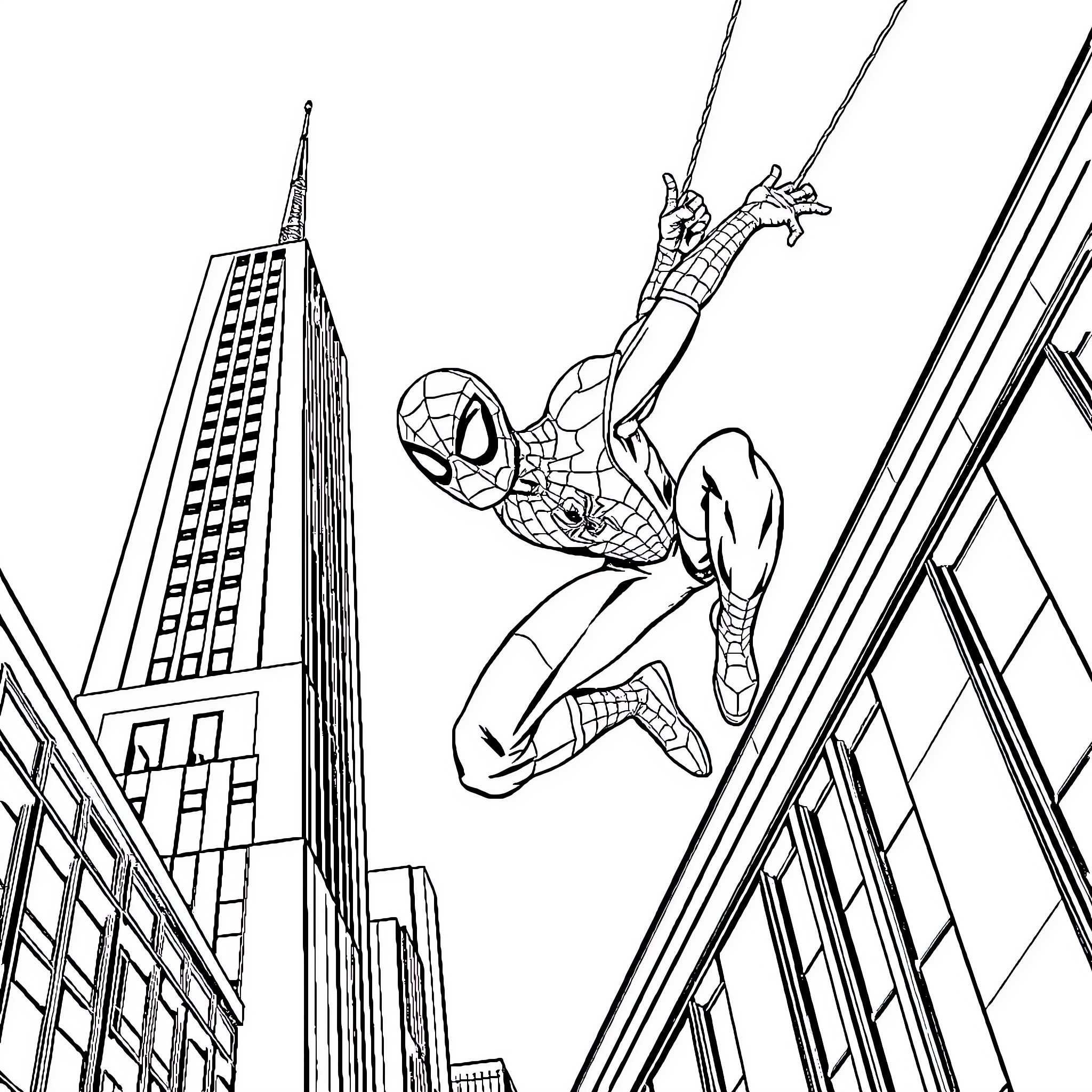 Spider-Man swinging through the city Coloring Page (free black-and-white line drawing printable PDF for all, from beginners to advanced learners, including children, teens, adults, and seniors)