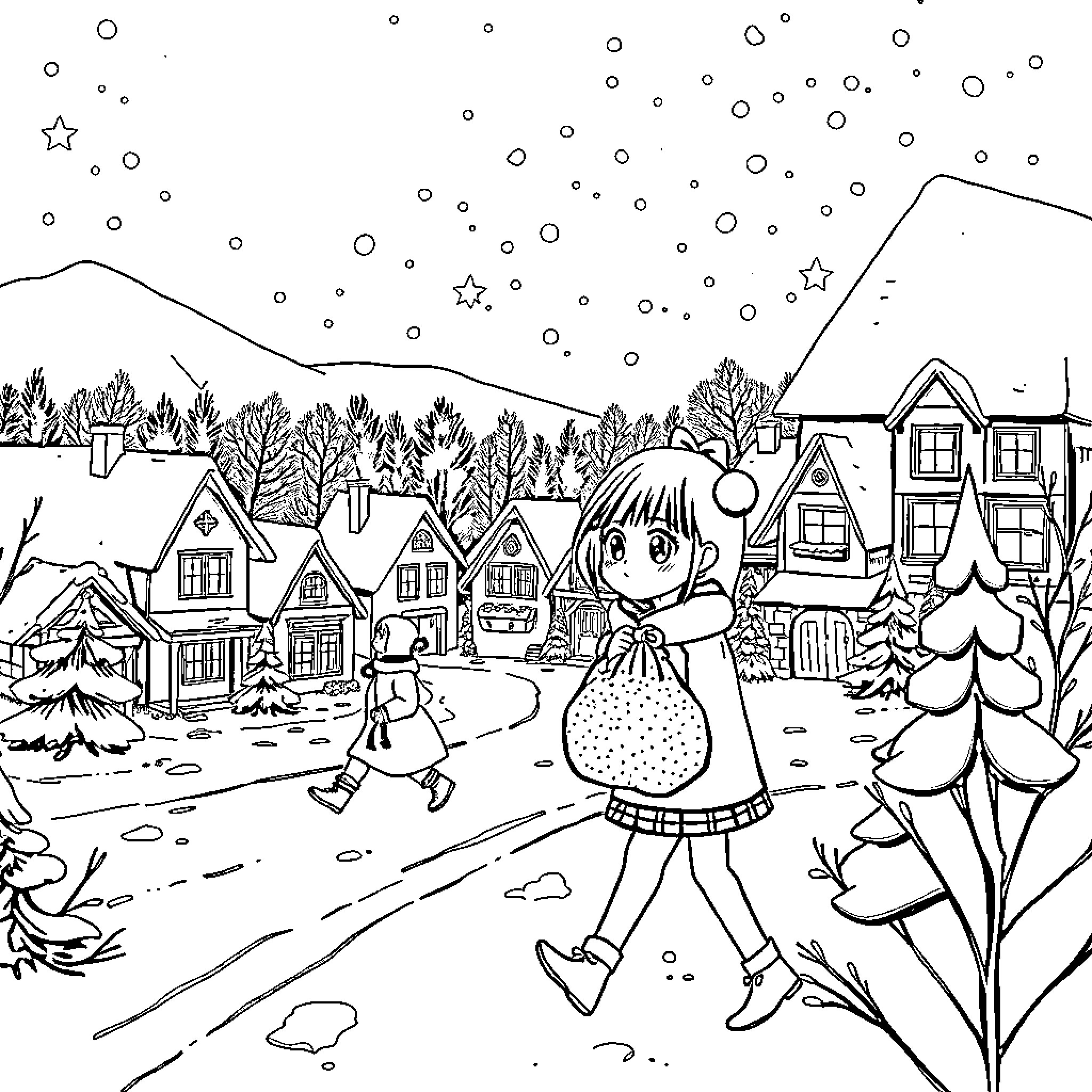 Reindeer and snow-covered village in winter wonderland Coloring Page (free black-and-white line drawing printable PDF for all, from beginners to advanced learners, including children, teens, adults, and seniors)