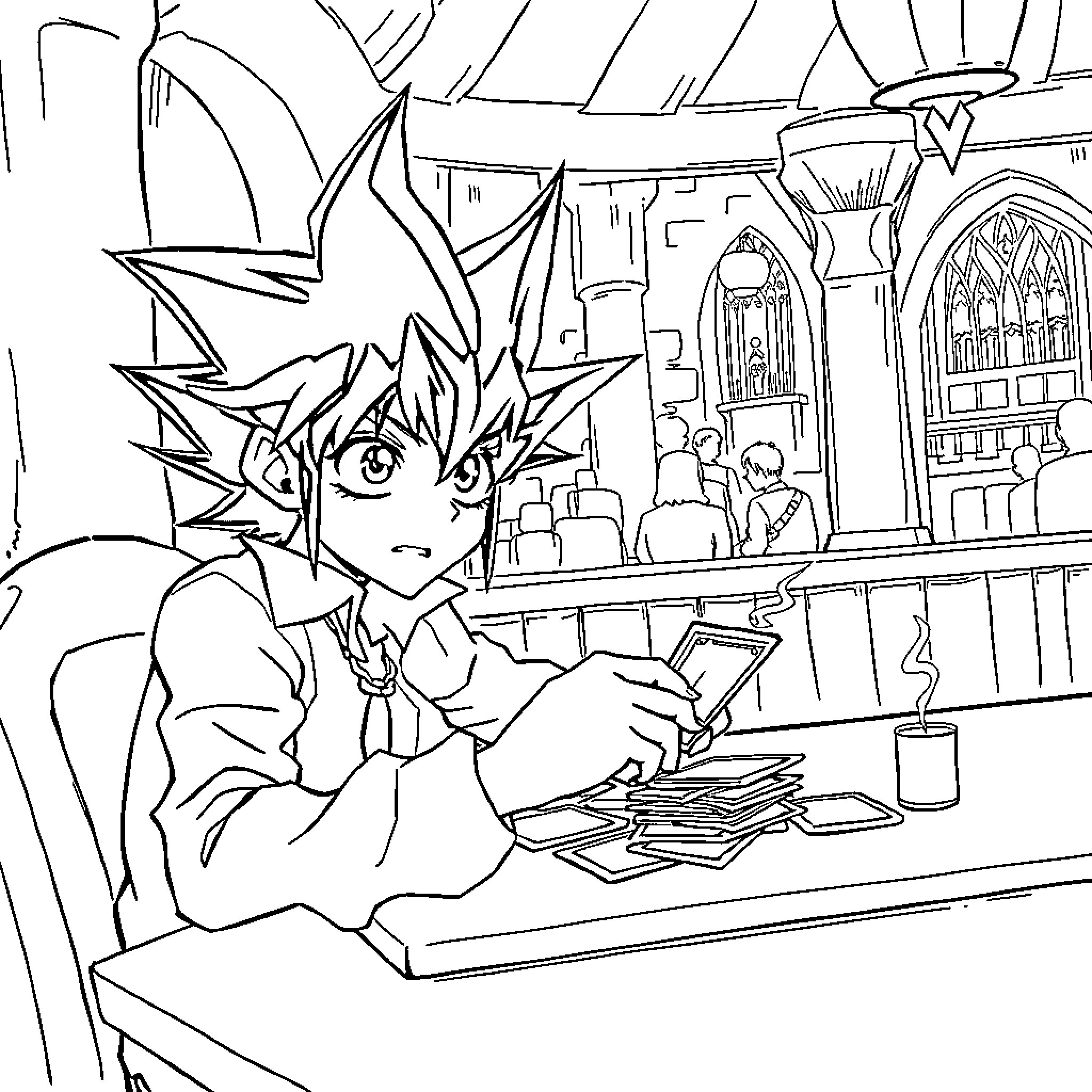Yugi studying intently in the library Coloring Page (free black-and-white line drawing printable PDF for all, from beginners to advanced learners, including children, teens, adults, and seniors)