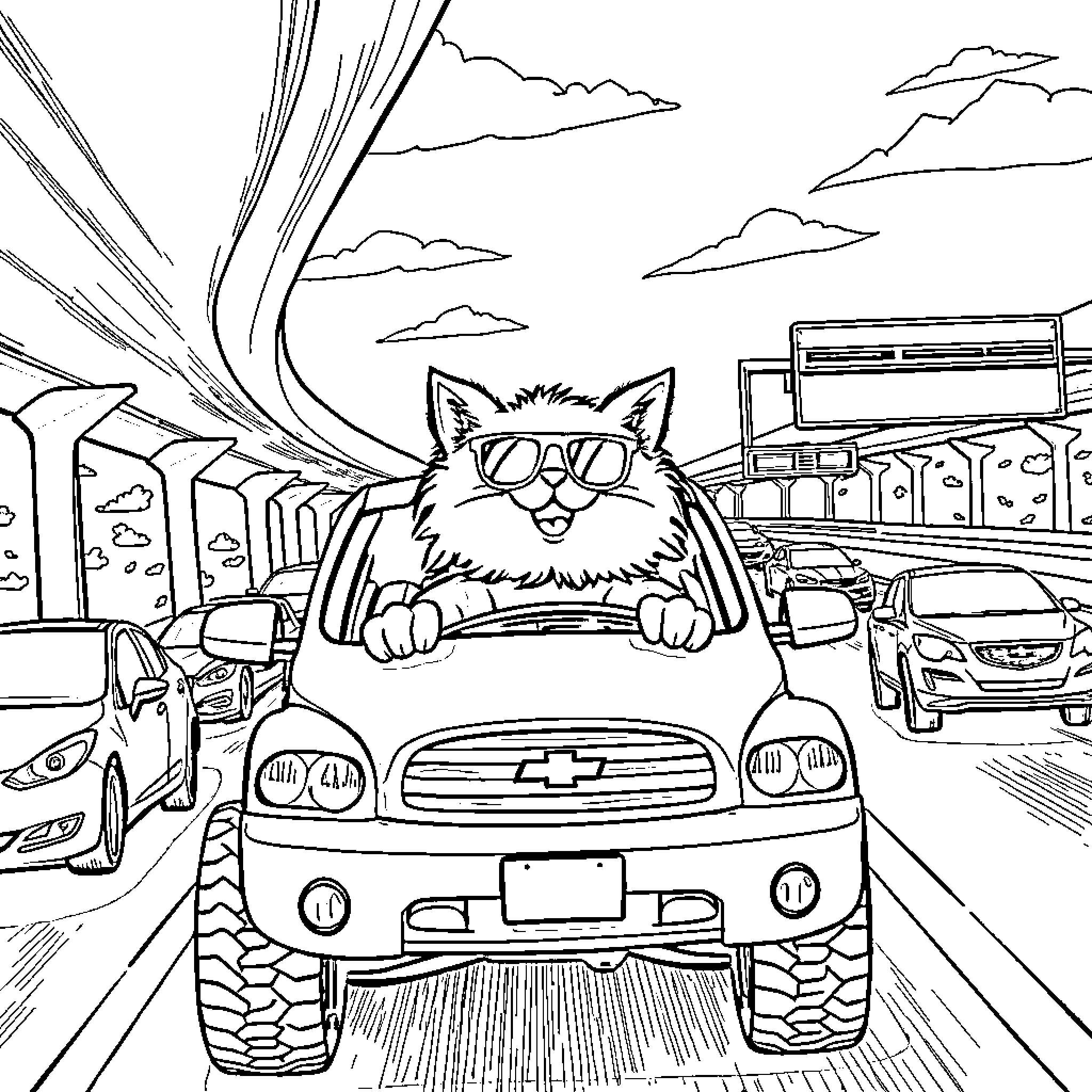 Cat driving a vehicle on the road Coloring Page (free black-and-white line drawing printable PDF for all, from beginners to advanced learners, including children, teens, adults, and seniors)