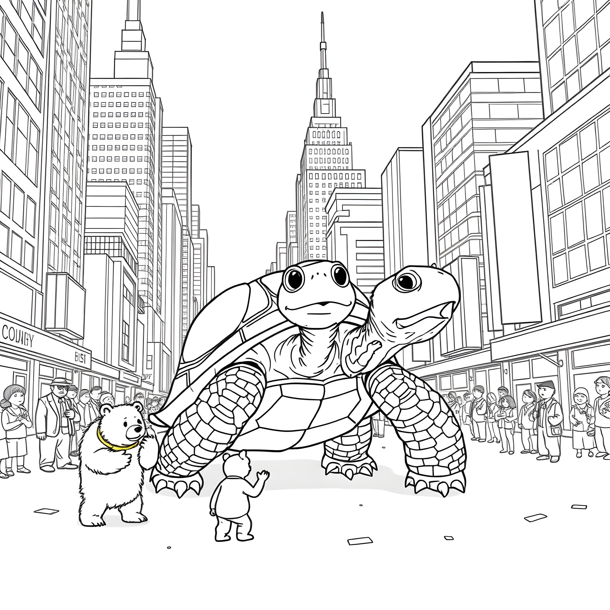 Turtle family exploring the city skyline Coloring Page (free black-and-white line drawing printable PDF for all, from beginners to advanced learners, including children, teens, adults, and seniors)