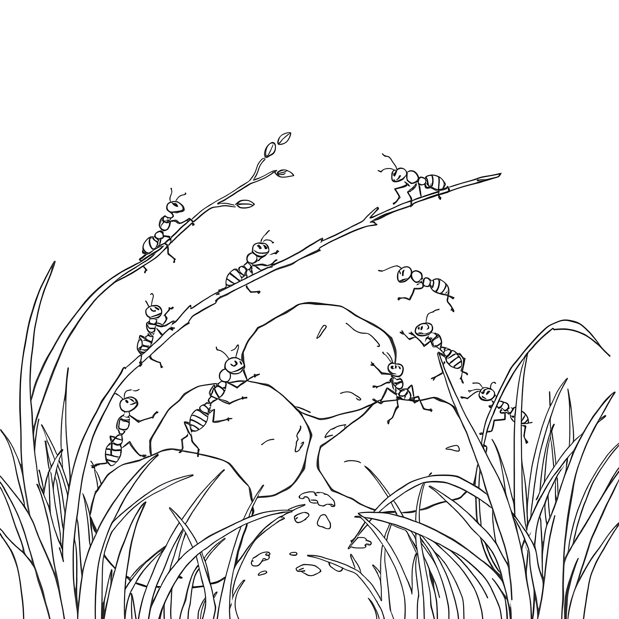 Ants exploring a rocky landscape Coloring Page (free black-and-white line drawing printable PDF for all, from beginners to advanced learners, including children, teens, adults, and seniors)