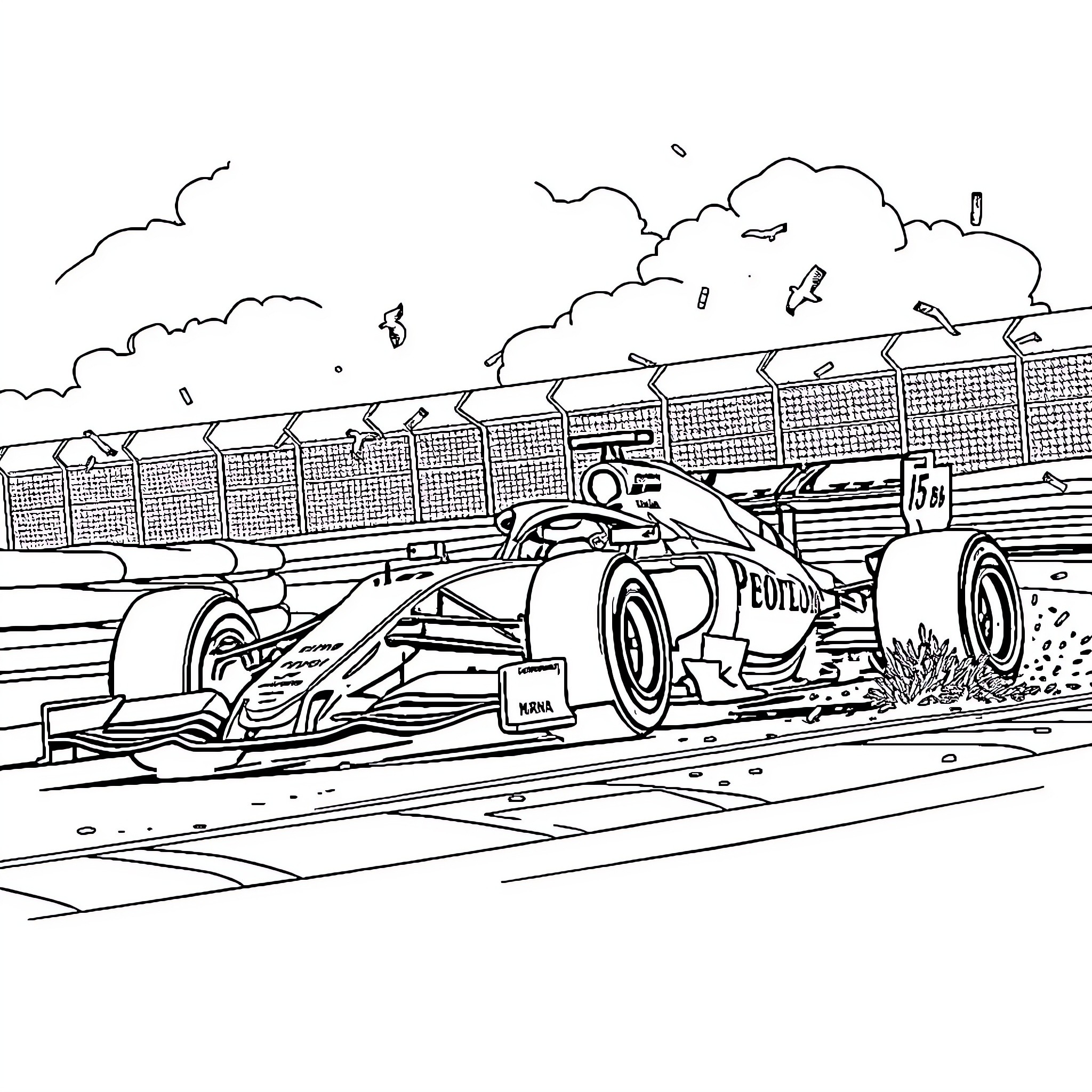 Formula 1 Racers Speeding Down the Track Coloring Page (free black-and-white line drawing printable PDF for all, from beginners to advanced learners, including children, teens, adults, and seniors)