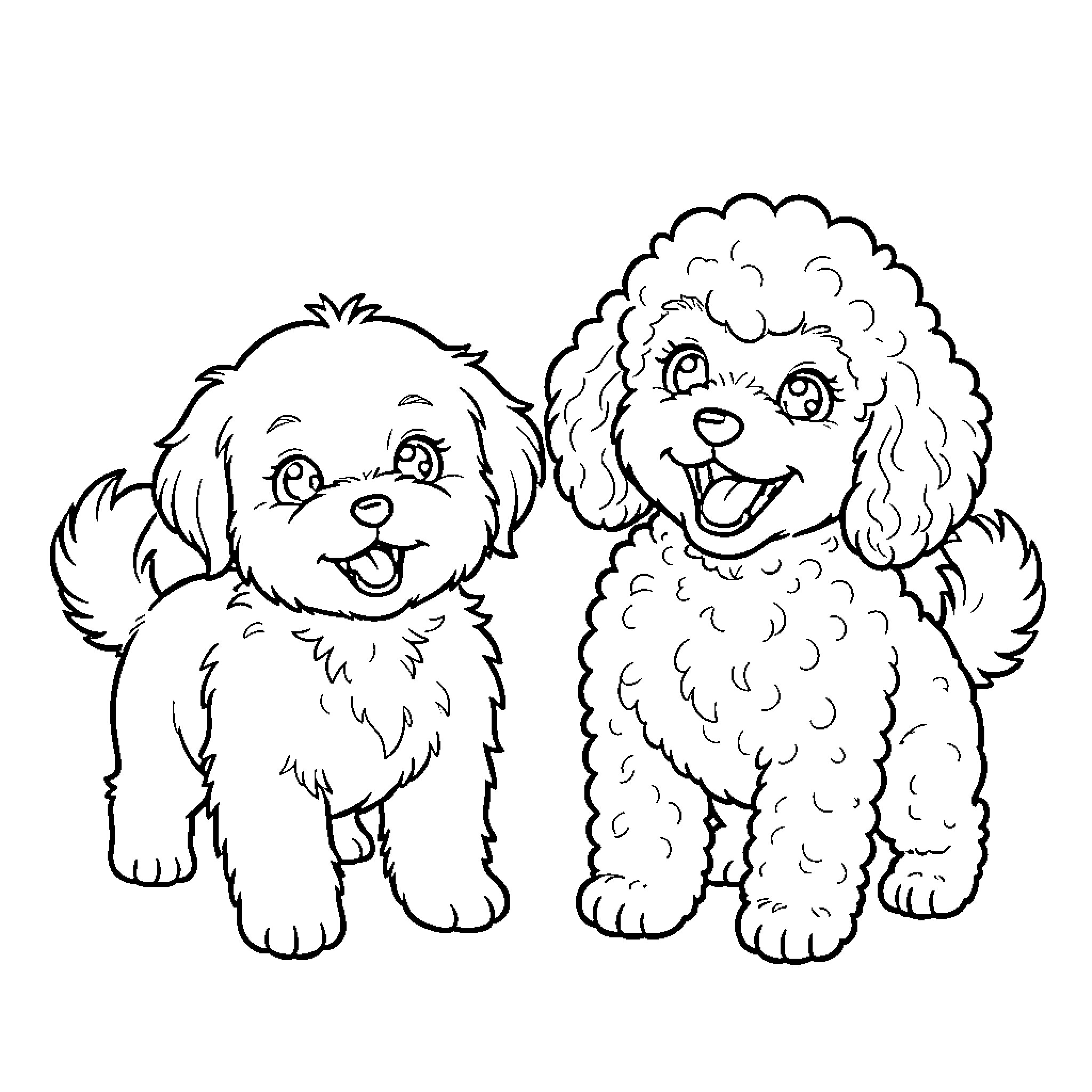 Playful Puppies Having Fun Coloring Page (free black-and-white line drawing printable PDF for all, from beginners to advanced learners, including children, teens, adults, and seniors)