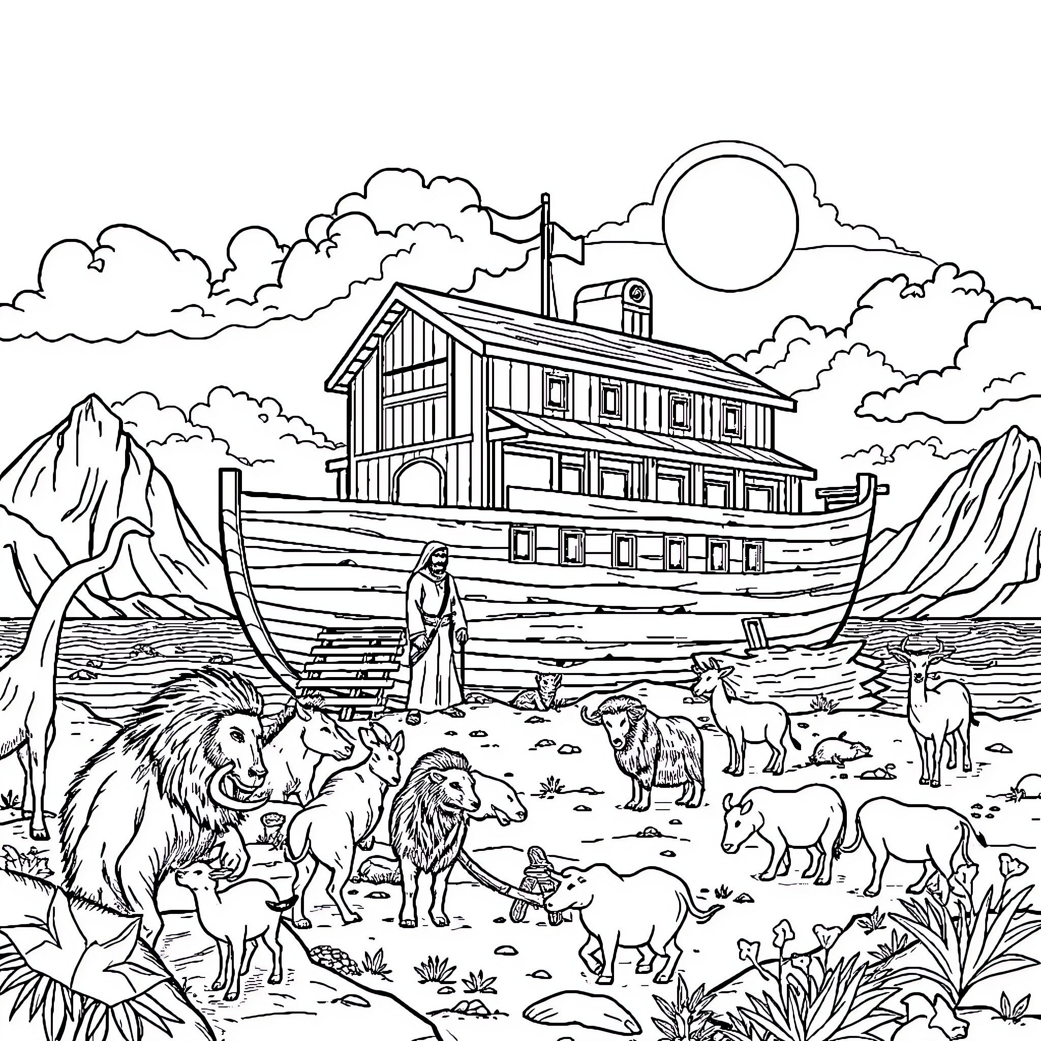 Noah and the Animals in the Ark Coloring Page (free black-and-white line drawing printable PDF for all, from beginners to advanced learners, including children, teens, adults, and seniors)