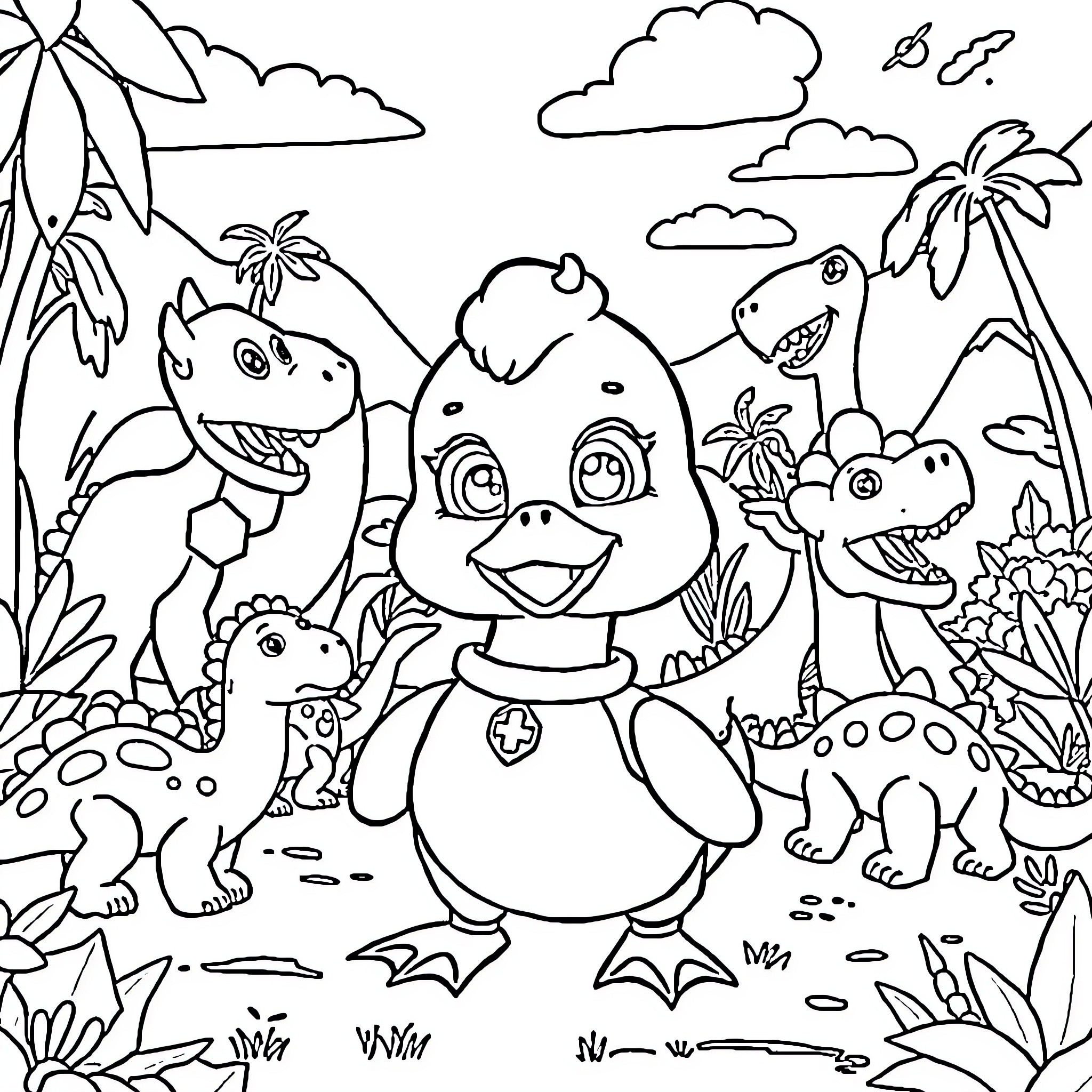 Psyduck playing with dinosaurs in the tropical jungle Coloring Page (free black-and-white line drawing printable PDF for all, from beginners to advanced learners, including children, teens, adults, and seniors)