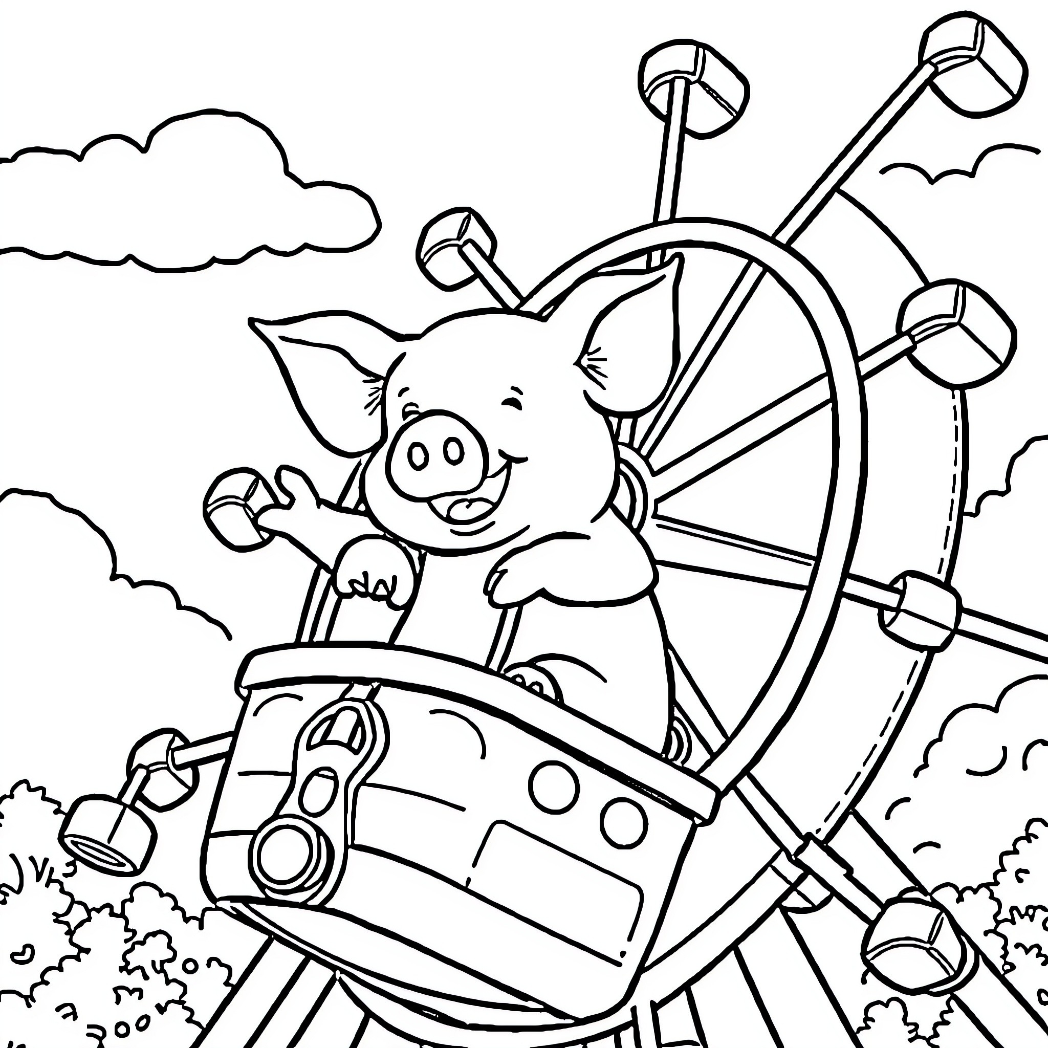 Pig riding on a carousel in the park Coloring Page (free black-and-white line drawing printable PDF for all, from beginners to advanced learners, including children, teens, adults, and seniors)