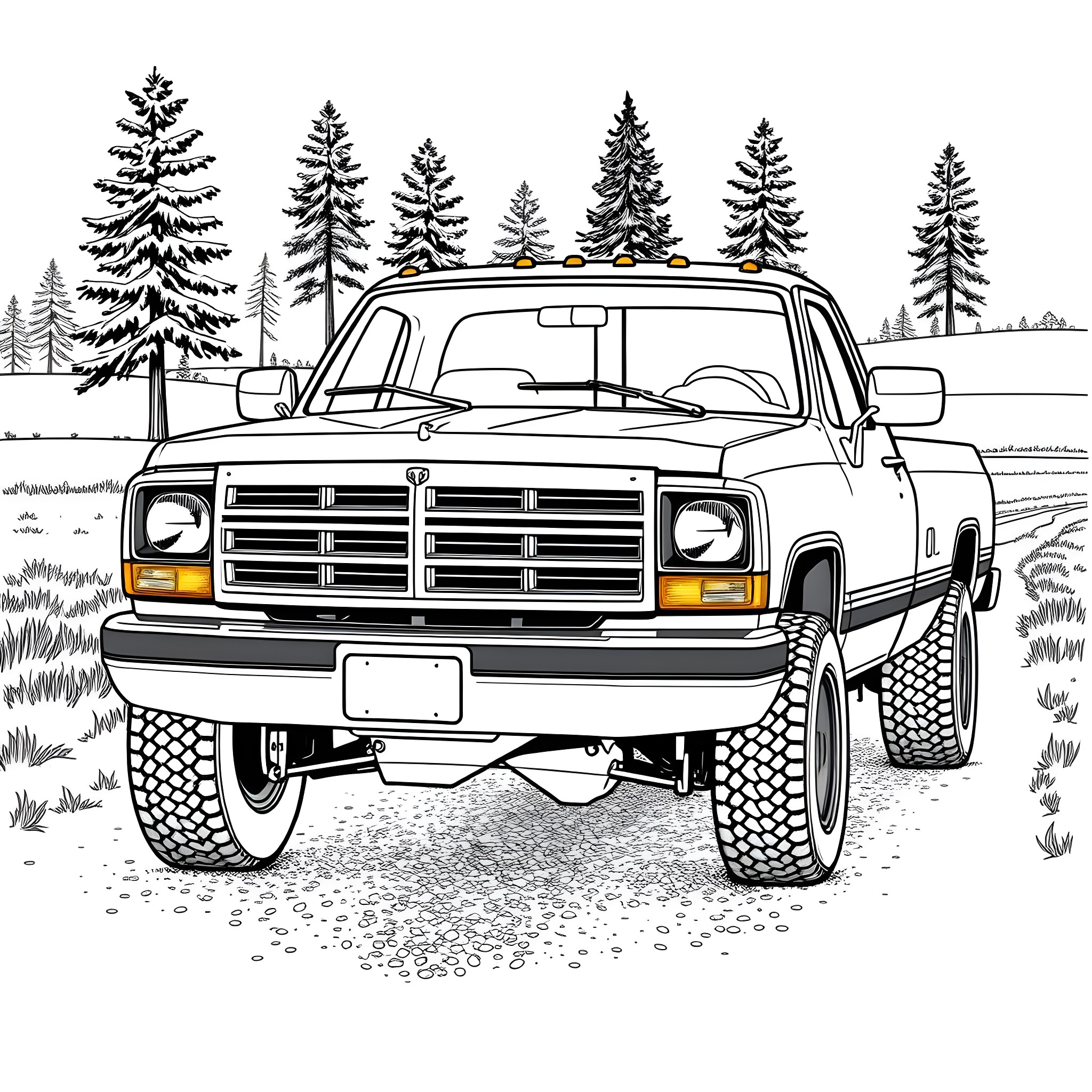 Ram truck navigating rugged terrain in the forest Coloring Page (free black-and-white line drawing printable PDF for all, from beginners to advanced learners, including children, teens, adults, and seniors)