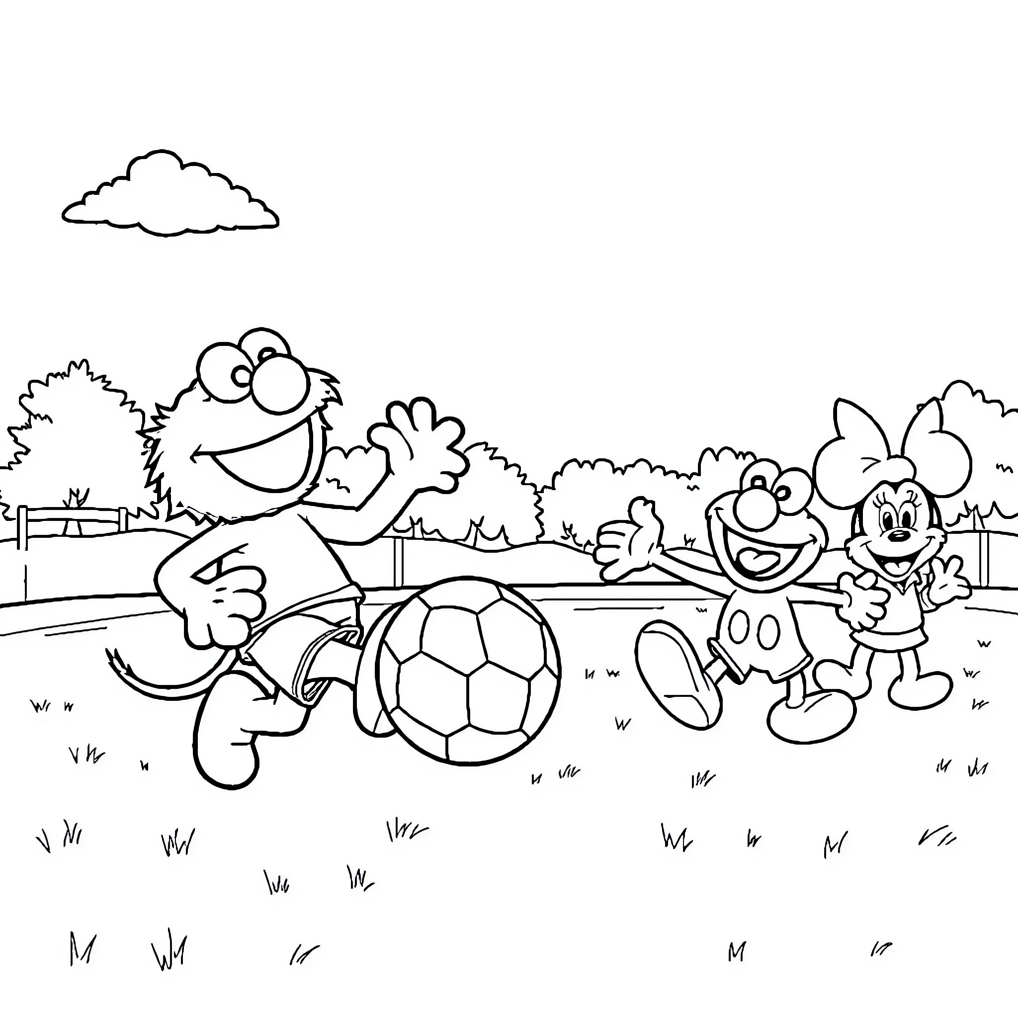 Elmo playing soccer with friends in a park Coloring Page (free black-and-white line drawing printable PDF for all, from beginners to advanced learners, including children, teens, adults, and seniors)