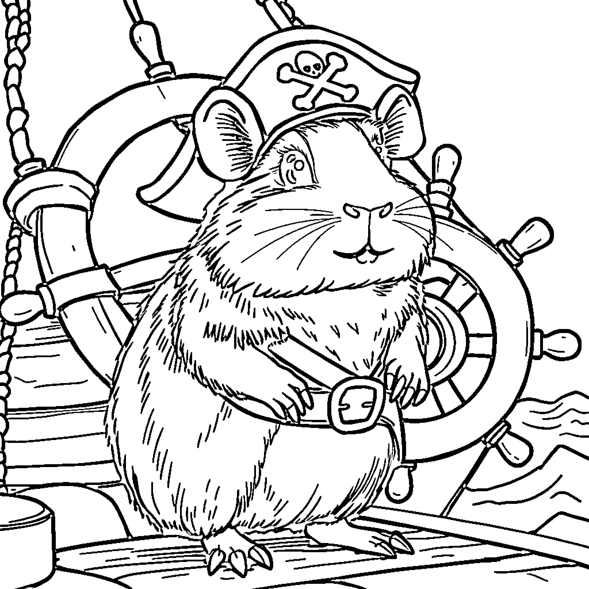 Guinea Pig Pirate Exploring Nautical Surroundings Coloring Page (free black-and-white line drawing printable PDF for all, from beginners to advanced learners, including children, teens, adults, and seniors)