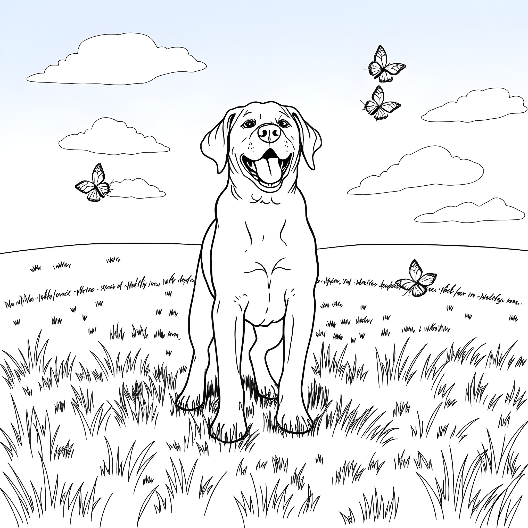 Labrador Retriever enjoying nature with butterflies Coloring Page (free black-and-white line drawing printable PDF for all, from beginners to advanced learners, including children, teens, adults, and seniors)