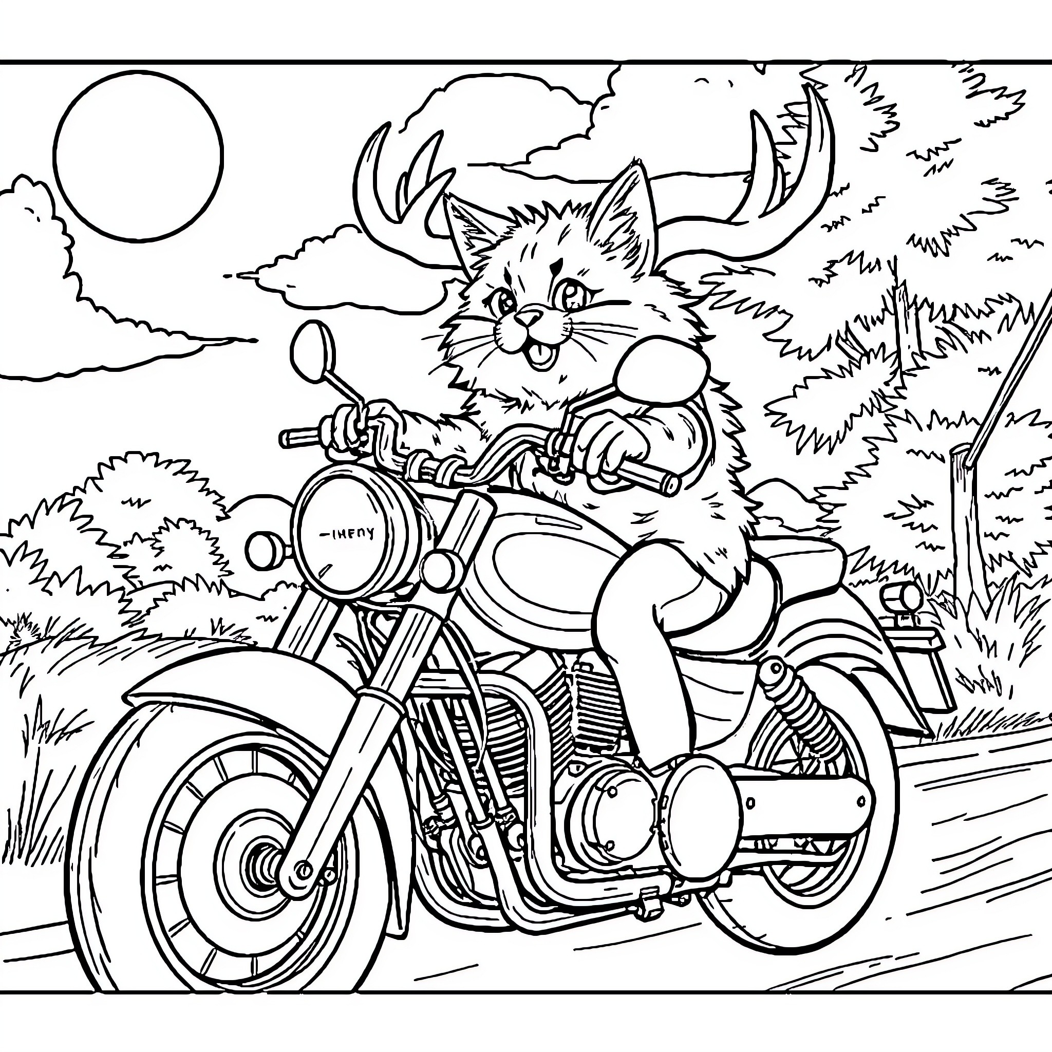 Cat riding a motorcycle in nature Coloring Page (free black-and-white line drawing printable PDF for all, from beginners to advanced learners, including children, teens, adults, and seniors)